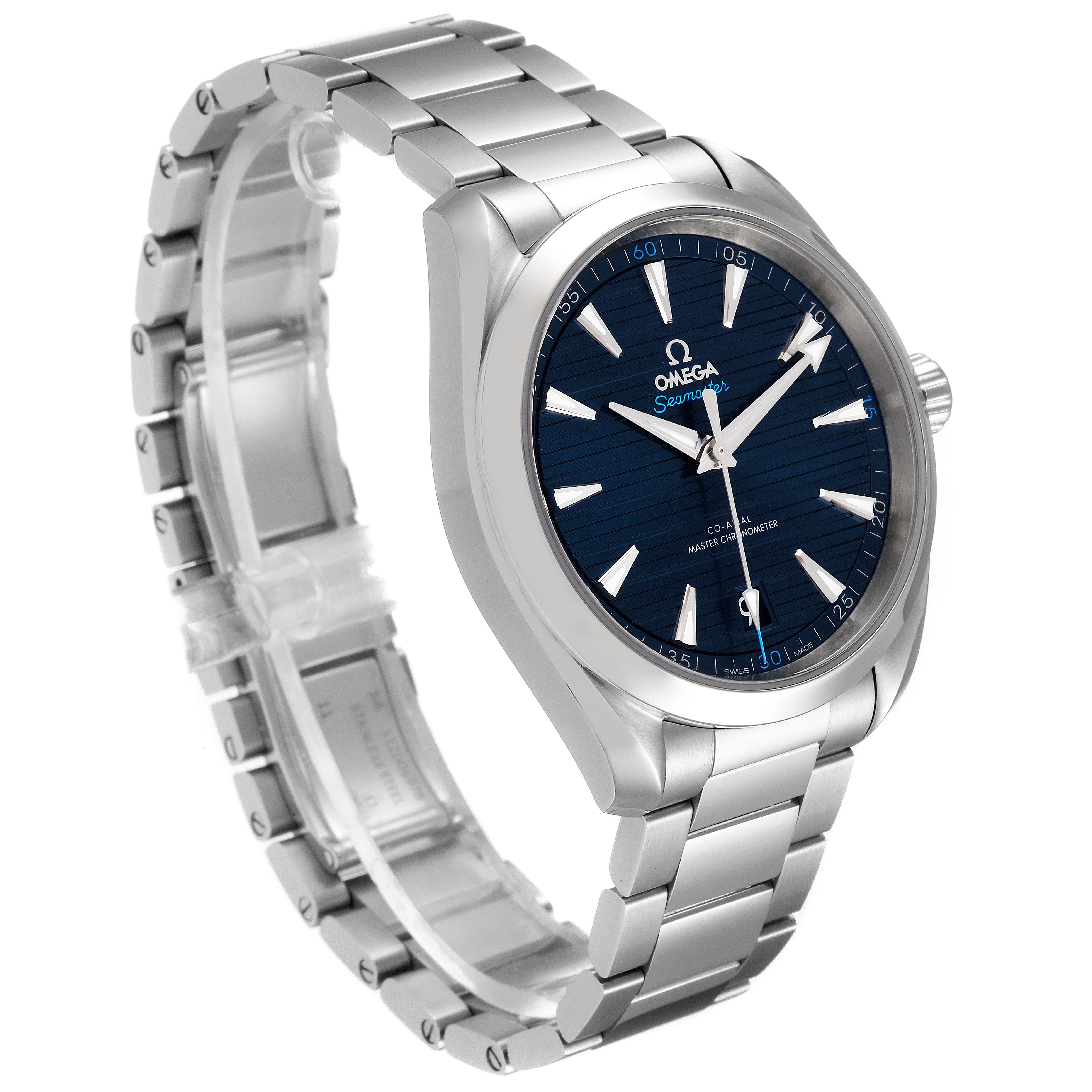 This Omega Aqua Terra 220.10.41.21.03.001 Men
s Stainless Steel Blue Dial 220.10.41.21.03.001 Men
s Stainless Steel Blue Dial watch is shown at an angle highlighting its face, bezel, and metal bracelet.