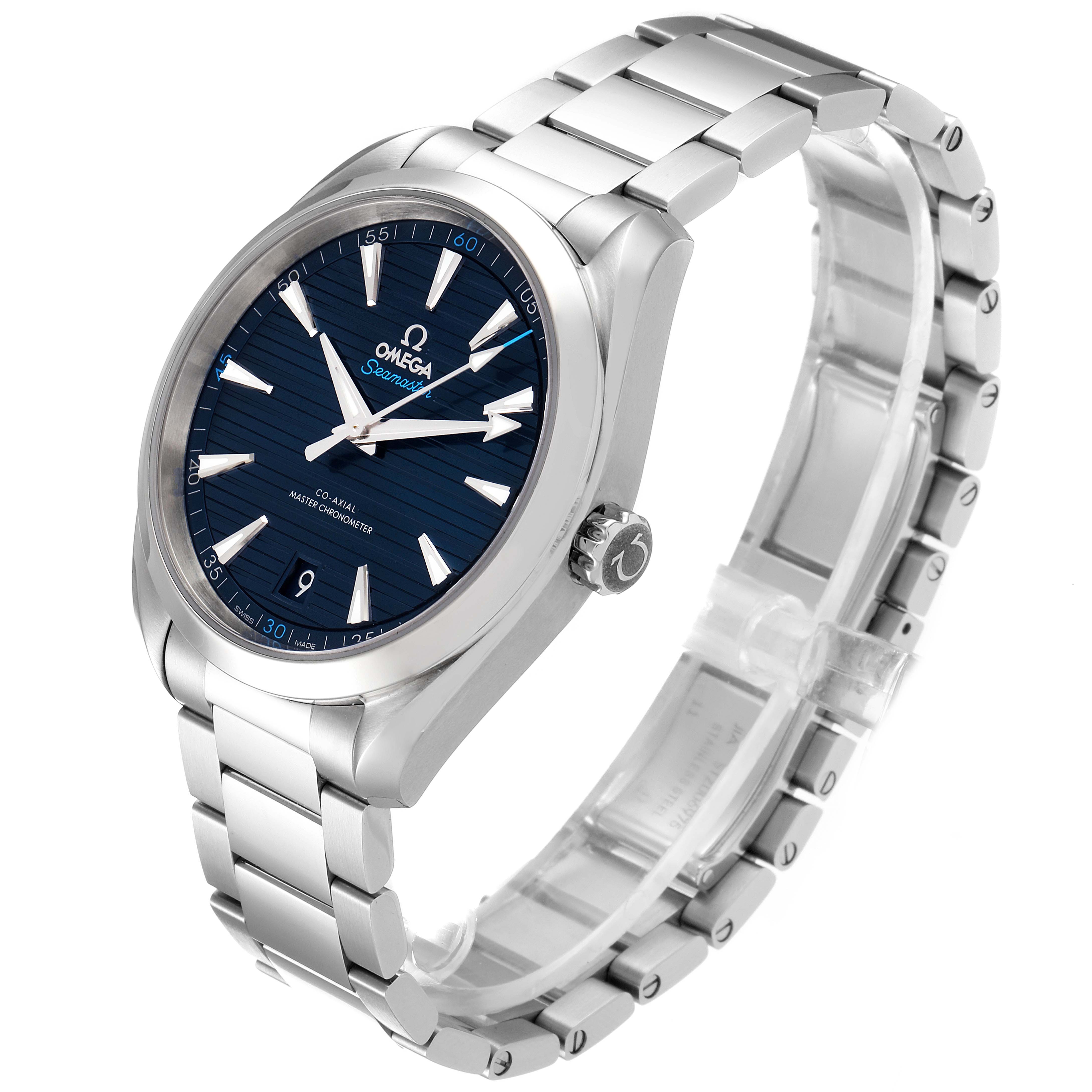The image shows an Omega Aqua Terra 220.10.41.21.03.001 Men
s Stainless Steel Blue Dial 220.10.41.21.03.001 Men
s Stainless Steel Blue Dial watch angled to display the face, bezel, crown, and part of the bracelet.