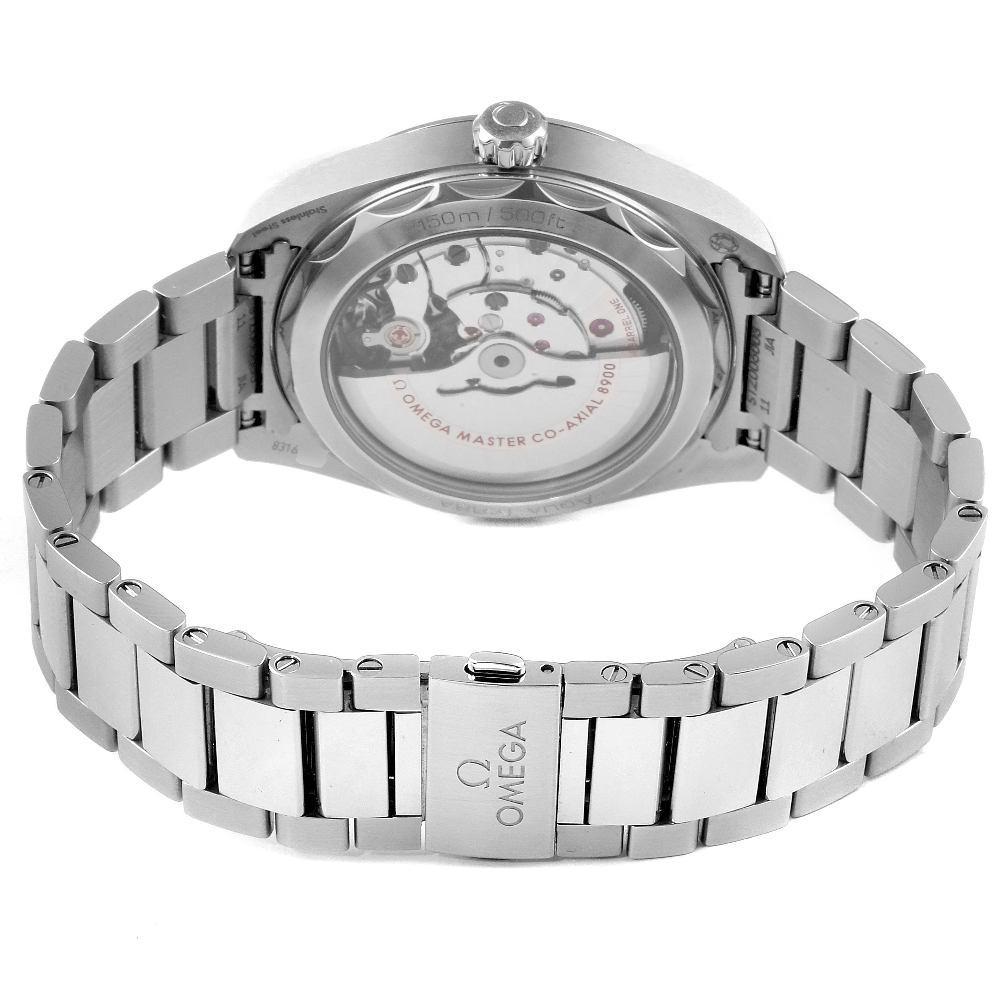 This image shows the back and bracelet of the Omega Aqua Terra 220.10.41.21.03.001 Men
s Stainless Steel Blue Dial 220.10.41.21.03.001 Men
s Stainless Steel Blue Dial watch, highlighting the movement through the transparent case back.