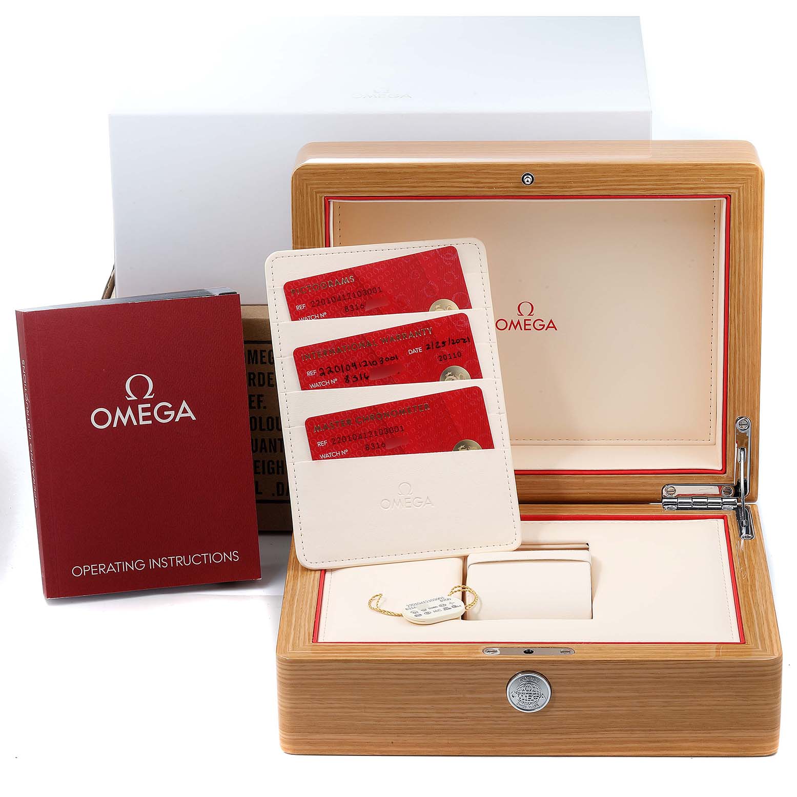 The image shows an Omega Aqua Terra 220.10.41.21.03.001 Men
s Stainless Steel Blue Dial 220.10.41.21.03.001 Men
s Stainless Steel Blue Dial watch box, instruction booklet, and warranty cards.