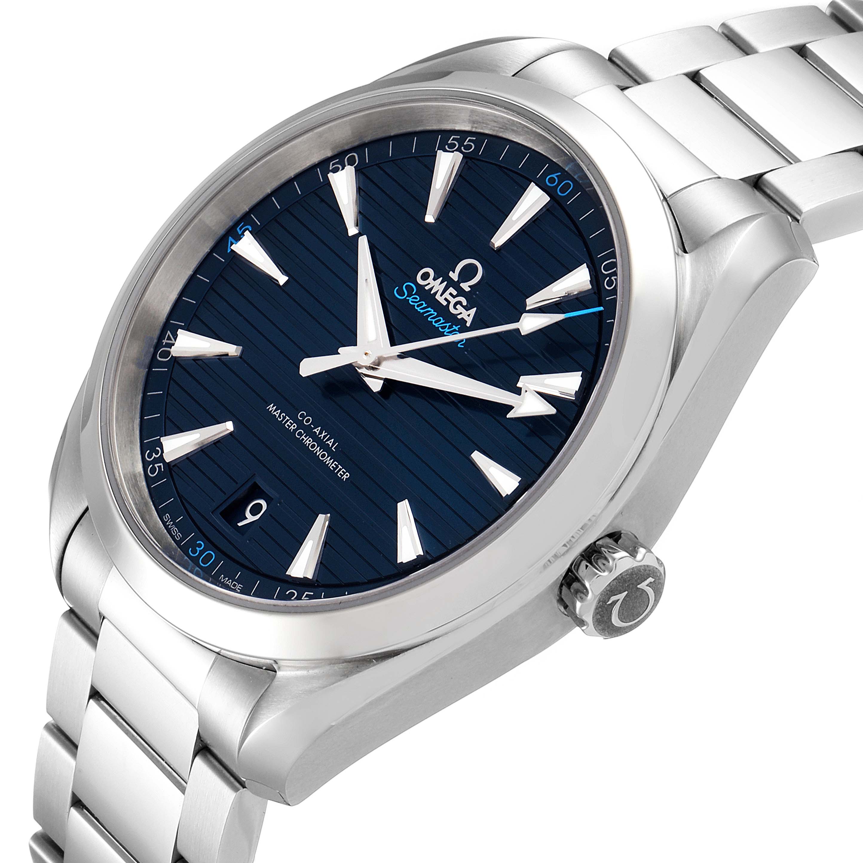 This image shows the Omega Aqua Terra 220.10.41.21.03.001 Men
s Stainless Steel Blue Dial 220.10.41.21.03.001 Men
s Stainless Steel Blue Dial watch at a slight side angle, highlighting the face, bezel, bracelet, and crown.