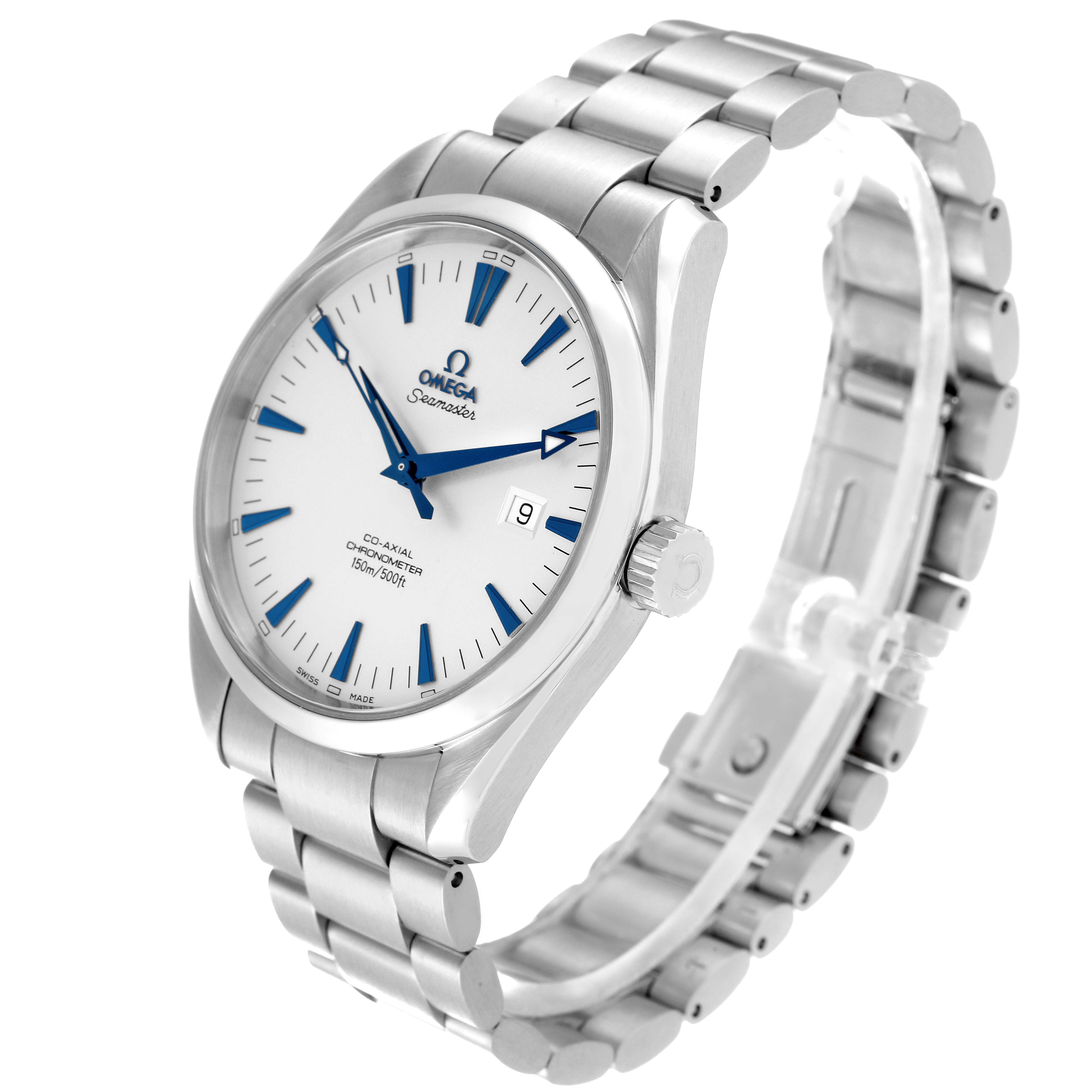 The Omega Aqua Terra 2502.33.00 Men
s Stainless Steel Silver Dial 2502.33.00 Men
s Stainless Steel Silver Dial watch is shown at a three-quarter angle, displaying the bracelet, crown, and face with blue markers.