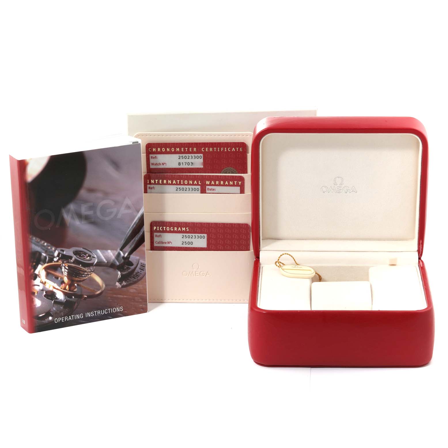 The image shows an Omega Aqua Terra 2502.33.00 Men
s Stainless Steel Silver Dial 2502.33.00 Men
s Stainless Steel Silver Dial watch box, instruction manual, certificates, and a red Omega case.