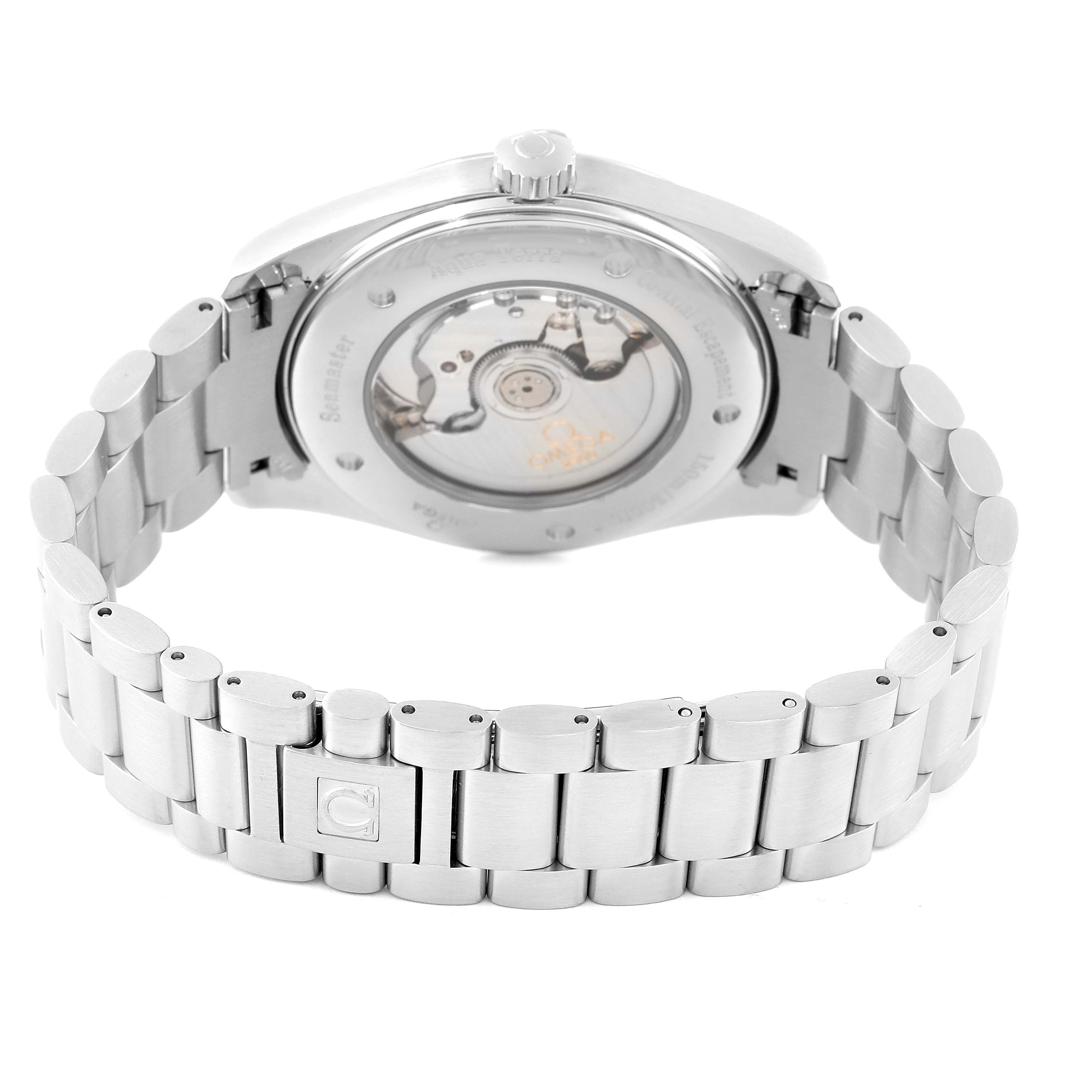 The image shows the back view of the Omega Aqua Terra 2502.33.00 Men
s Stainless Steel Silver Dial 2502.33.00 Men
s Stainless Steel Silver Dial watch, highlighting its metal bracelet and transparent case back.