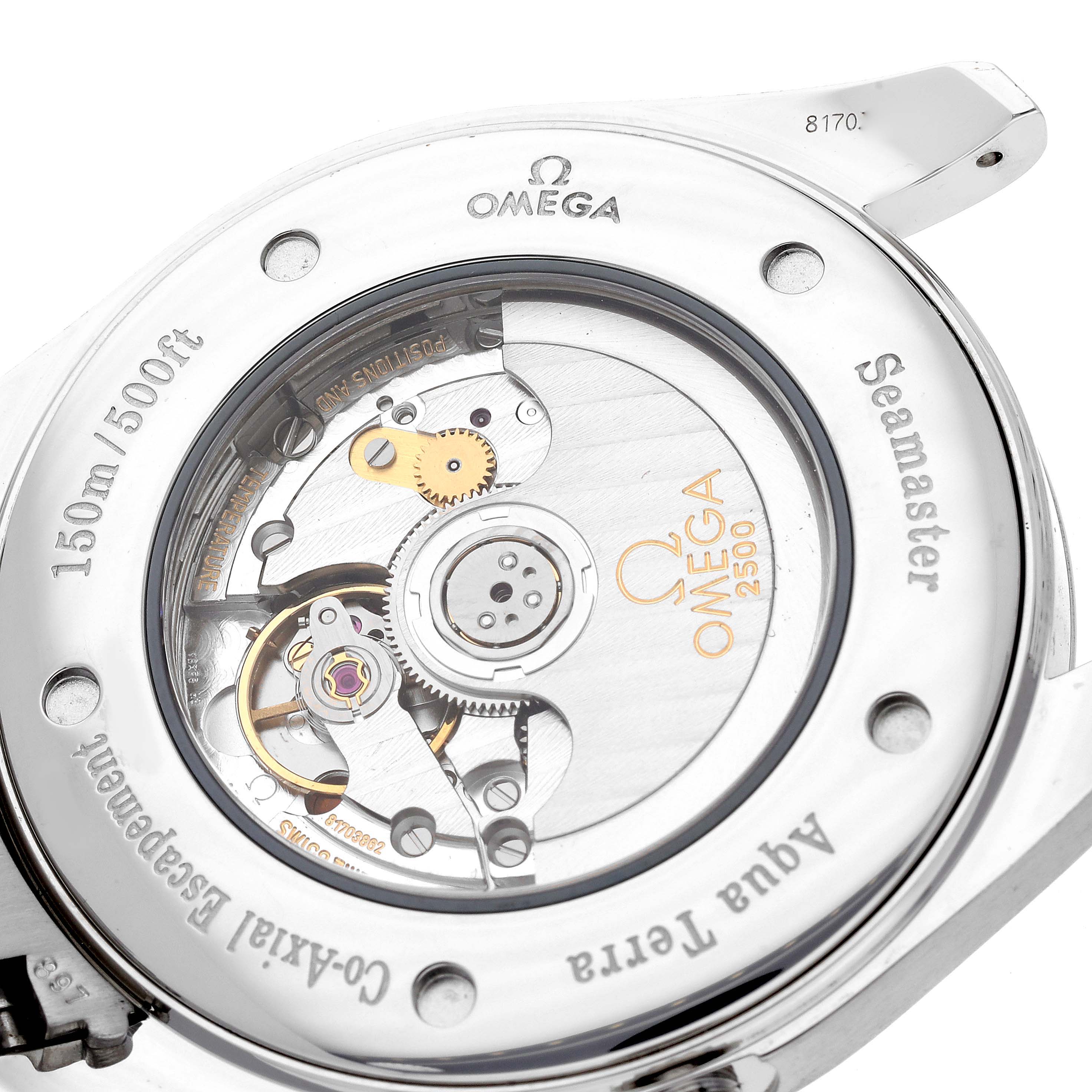 This image shows the back of the Omega Aqua Terra 2502.33.00 Men
s Stainless Steel Silver Dial 2502.33.00 Men
s Stainless Steel Silver Dial watch, displaying its inner mechanics and movement details.