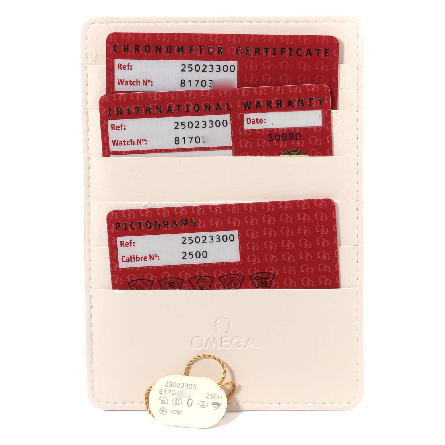 This image shows the certification and warranty cards for the Omega Aqua Terra 2502.33.00 Men
s Stainless Steel Silver Dial 2502.33.00 Men
s Stainless Steel Silver Dial watch model, along with a tag, displayed from a front angle.