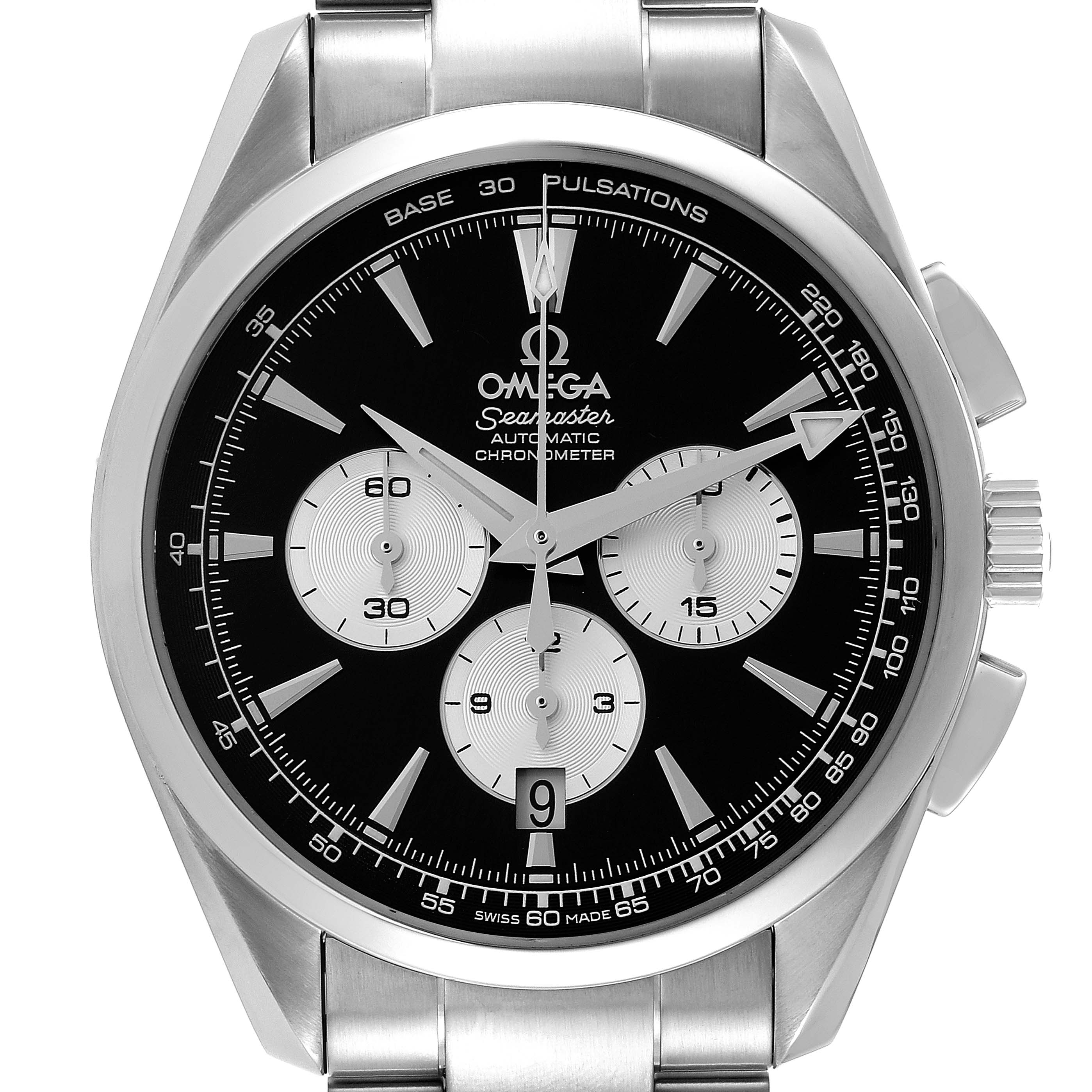 The image shows a frontal view of the Omega Aqua Terra 221.10.42.40.01.002 Men's Stainless Steel Black Dial 221.10.42.40.01.002 Men's Stainless Steel Black Dial model watch, displaying its dial, crown, and bracelet.