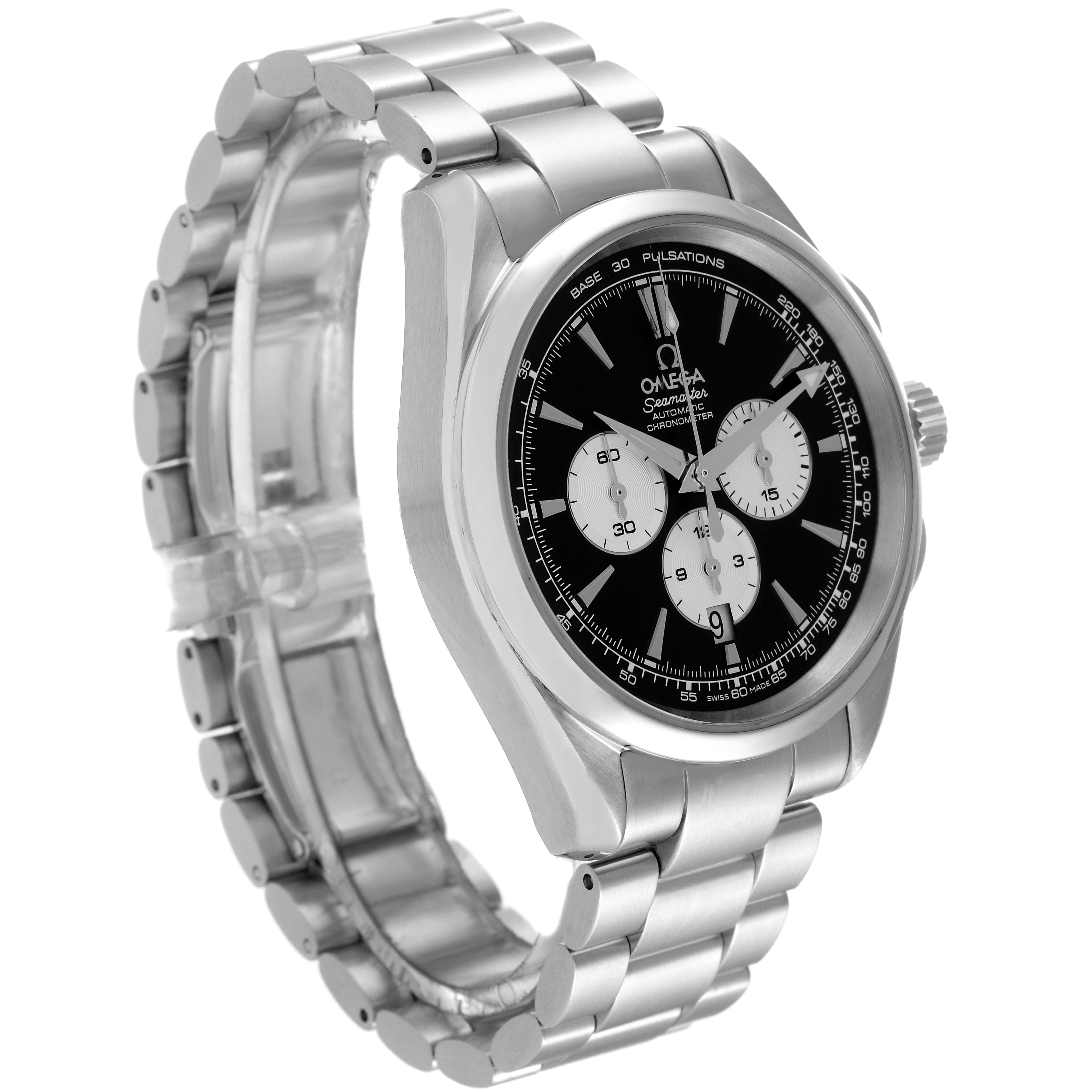 The Omega Aqua Terra 221.10.42.40.01.002 Men's Stainless Steel Black Dial 221.10.42.40.01.002 Men's Stainless Steel Black Dial watch is shown at a three-quarter angle, displaying its face, bezel, crown, and metal bracelet.