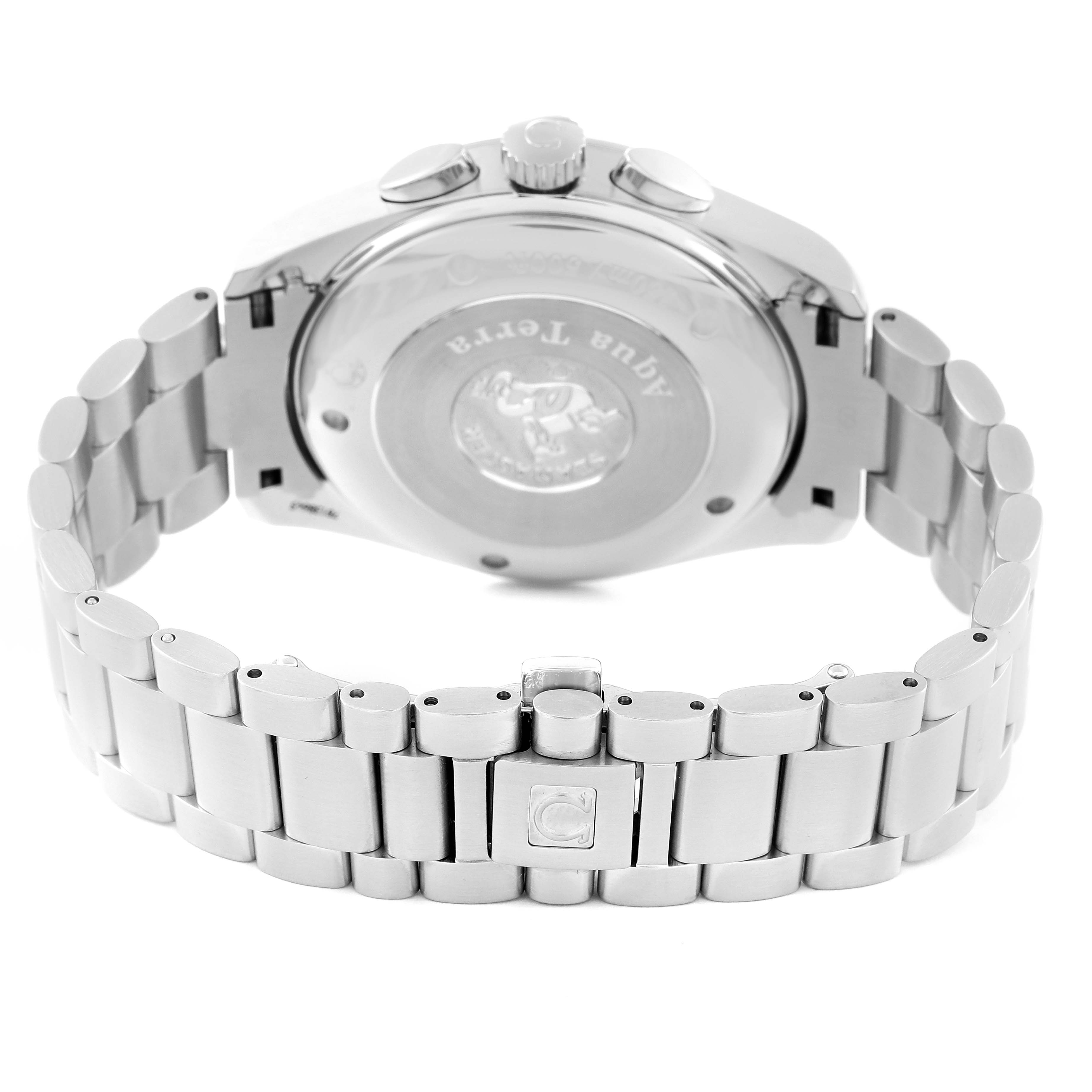 The image shows the back and bracelet of an Omega Aqua Terra 221.10.42.40.01.002 Men's Stainless Steel Black Dial 221.10.42.40.01.002 Men's Stainless Steel Black Dial watch, highlighting its clasp and case back.