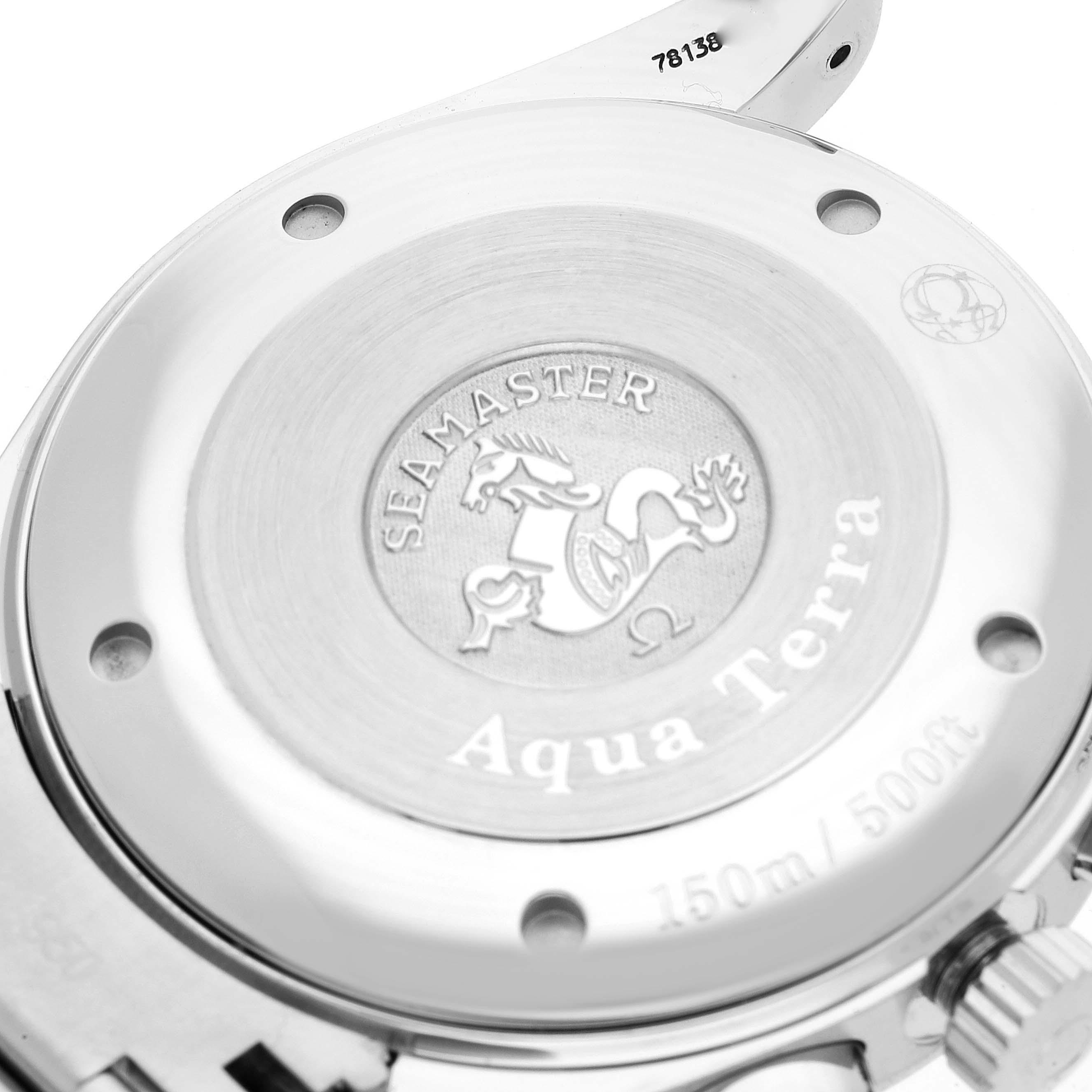 The image shows the case back of an Omega Seamaster Aqua Terra watch, highlighting its engravings and logo.