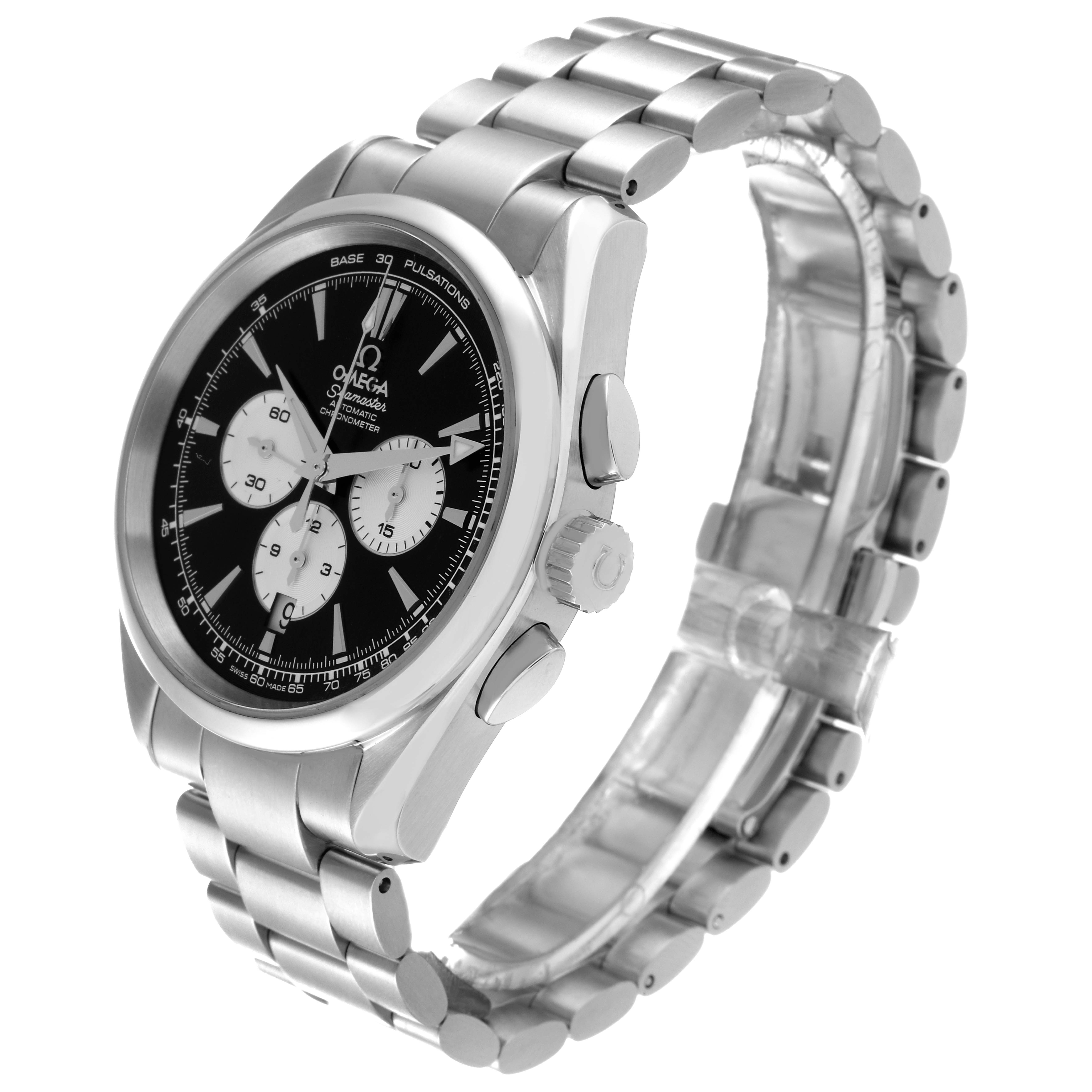 The image shows a side angle of the Omega Aqua Terra 221.10.42.40.01.002 Men's Stainless Steel Black Dial 221.10.42.40.01.002 Men's Stainless Steel Black Dial watch, highlighting its stainless steel bracelet and black dial with sub-dials.