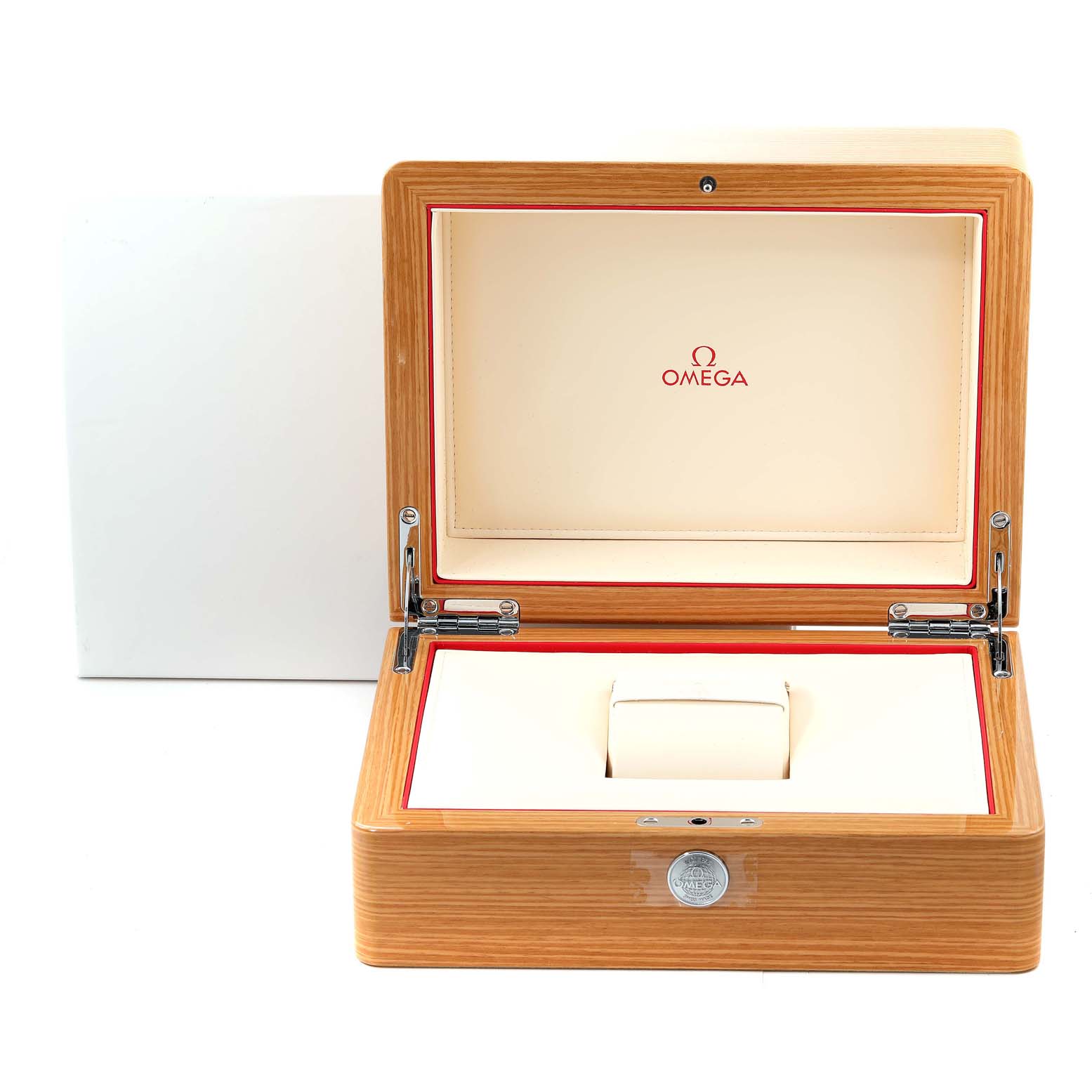 The image shows an open Omega Aqua Terra 221.10.42.40.01.002 Men's Stainless Steel Black Dial 221.10.42.40.01.002 Men's Stainless Steel Black Dial watch box from a front angle, highlighting its interior cushion and logo.