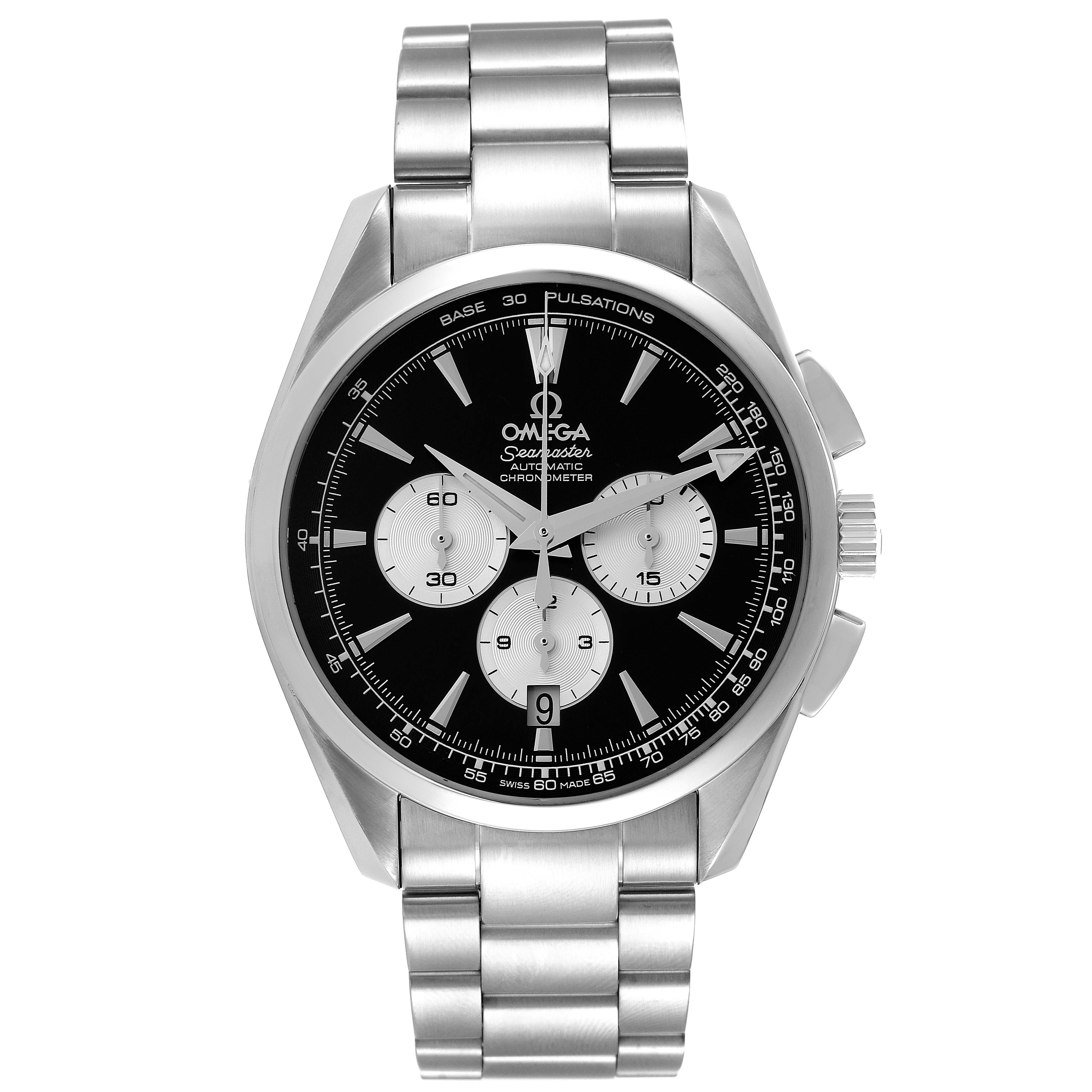 The Omega Aqua Terra 221.10.42.40.01.002 Men's Stainless Steel Black Dial 221.10.42.40.01.002 Men's Stainless Steel Black Dial watch is shown from the front, displaying its face, dial, and stainless steel bracelet.