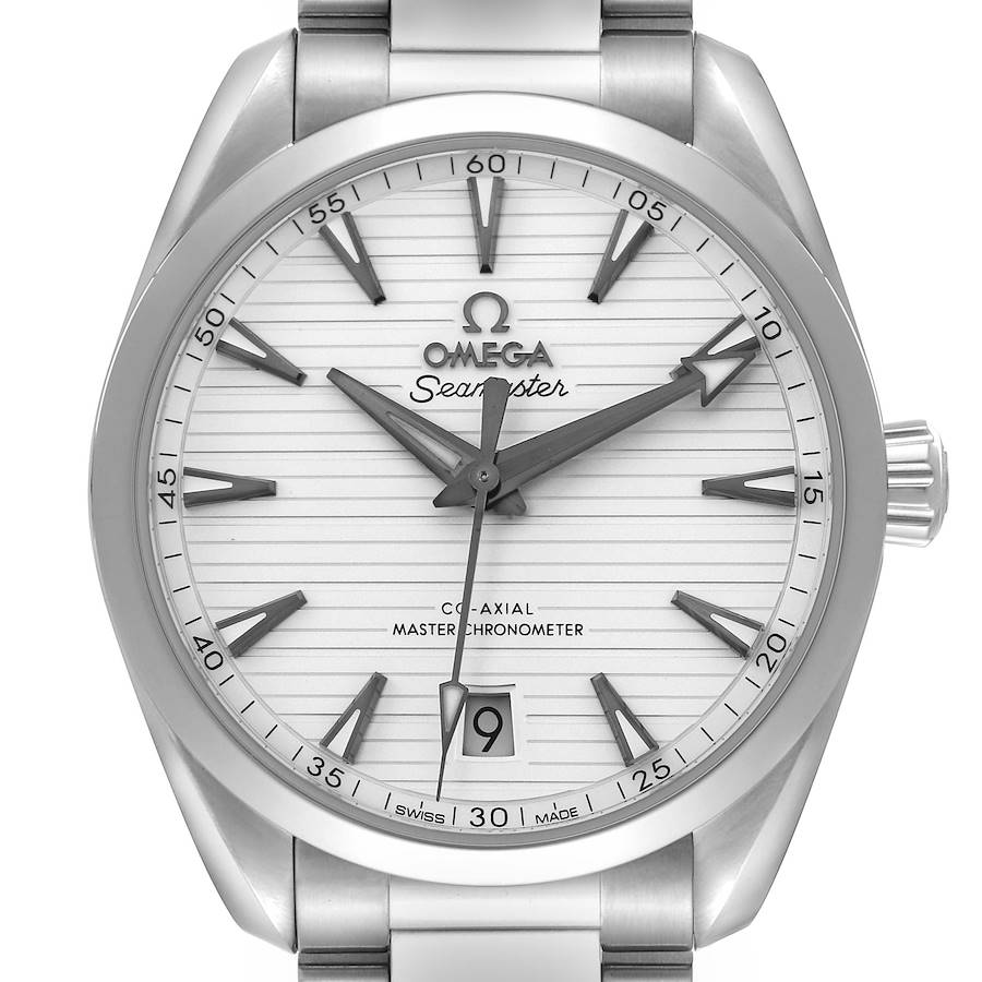 The Omega Aqua Terra watch is shown from a front angle, displaying the dial, hands, crown, and part of the bracelet.