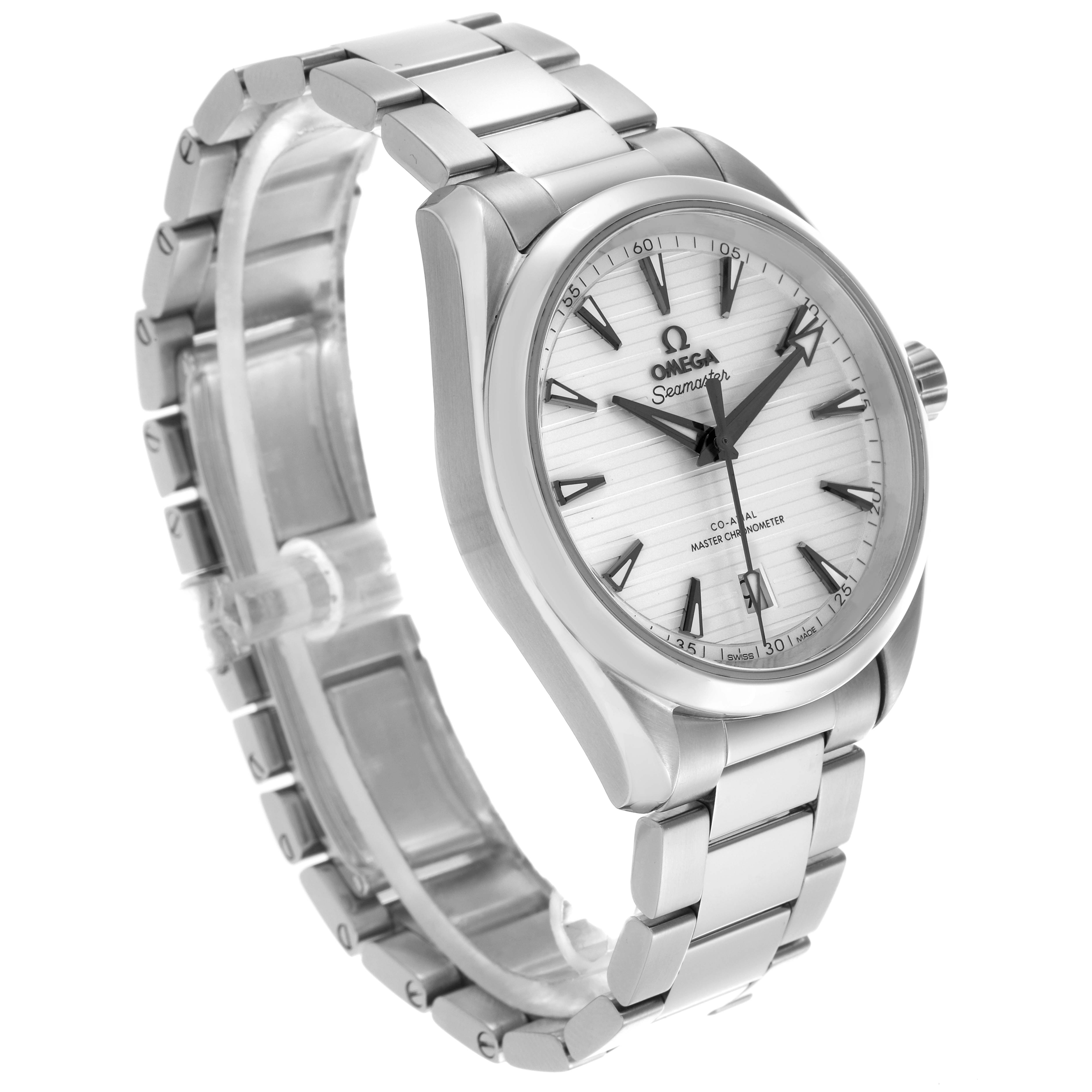 The image shows the Omega Aqua Terra 220.10.38.20.02.001 Men
s Stainless Steel Silver Dial 220.10.38.20.02.001 Men
s Stainless Steel Silver Dial watch at a three-quarter angle, highlighting the face, bezel, and bracelet.