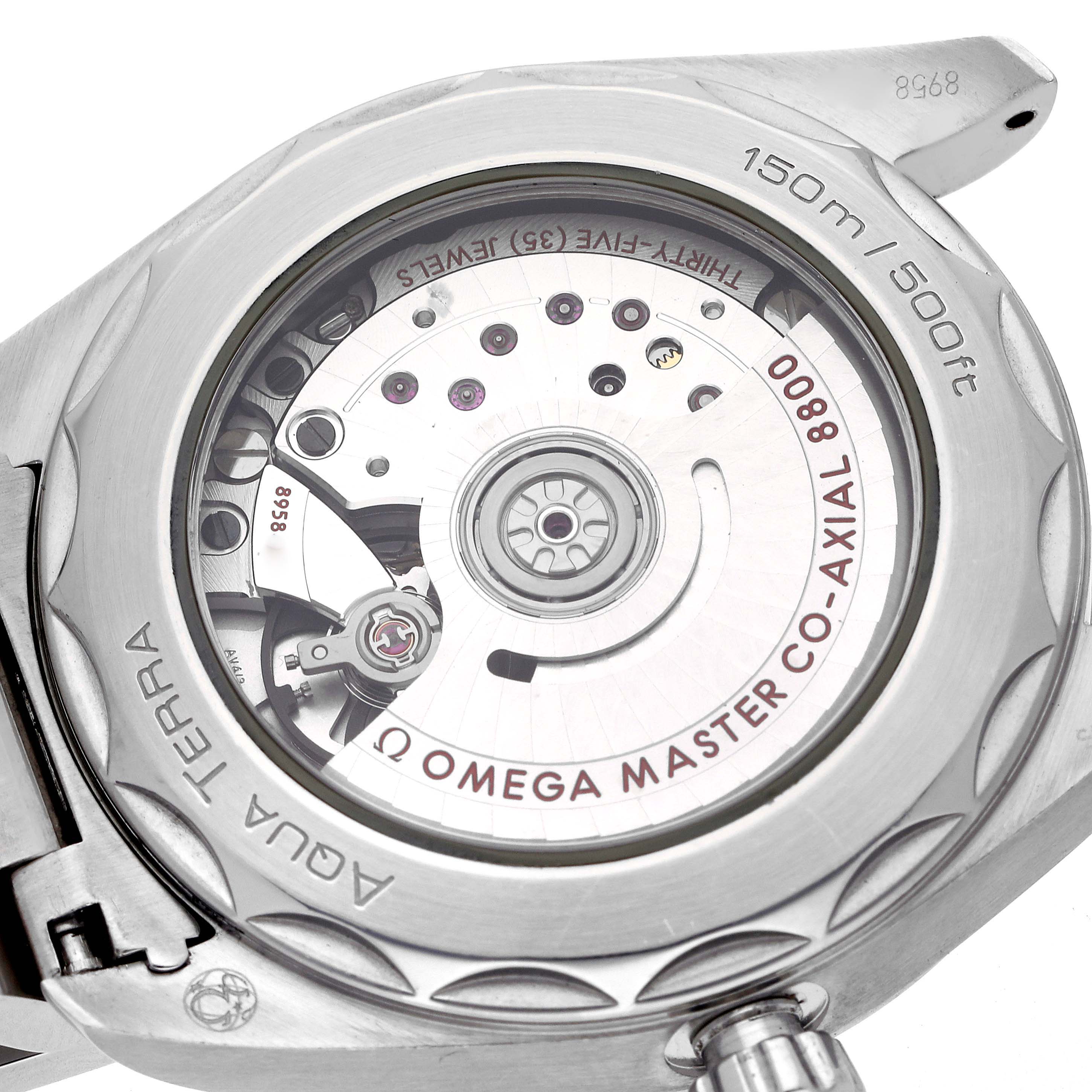 The image shows the Omega Aqua Terra 220.10.38.20.02.001 Men
s Stainless Steel Silver Dial 220.10.38.20.02.001 Men
s Stainless Steel Silver Dial
s back view, highlighting the case and visible movement through the transparent case back.