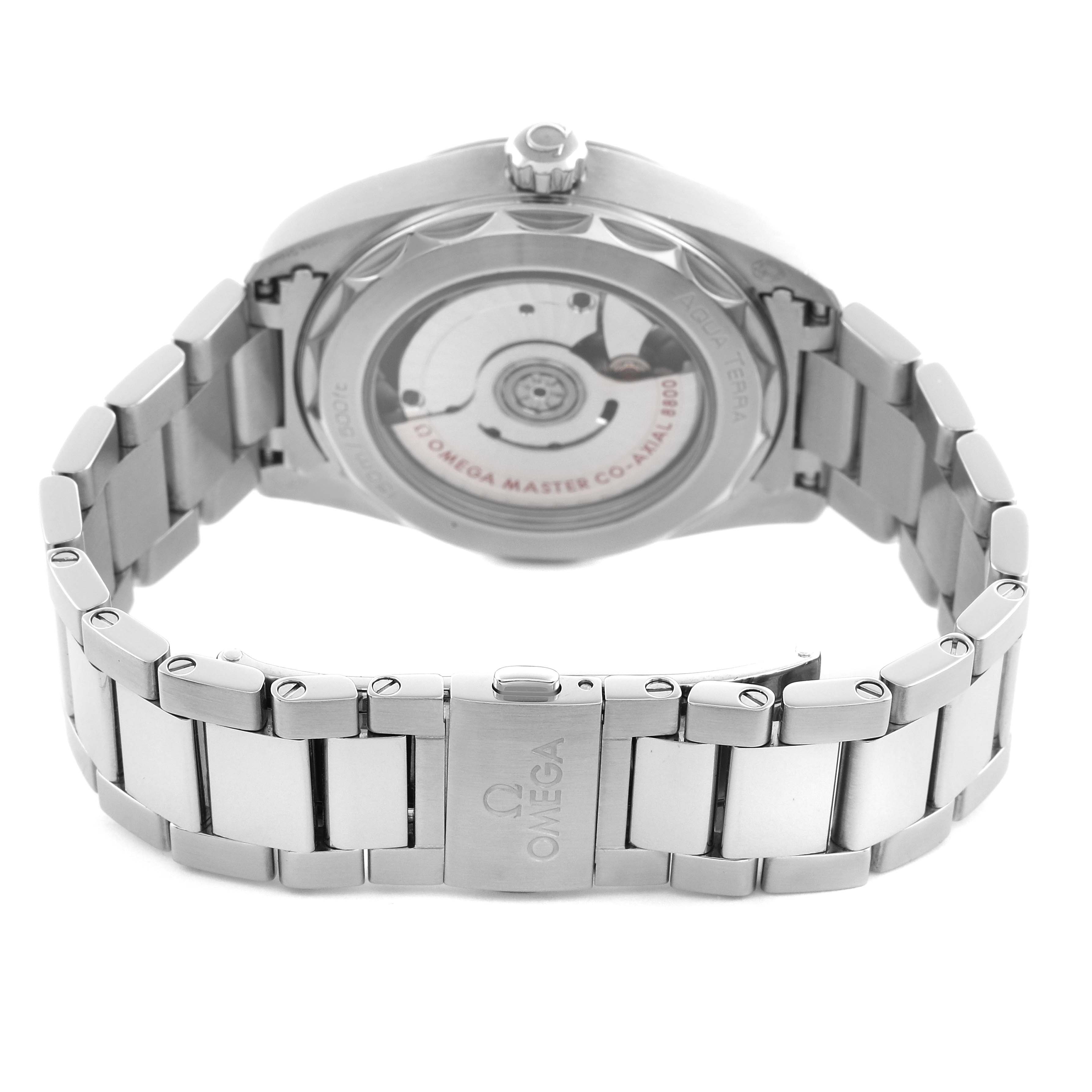 The Omega Aqua Terra 220.10.38.20.02.001 Men
s Stainless Steel Silver Dial 220.10.38.20.02.001 Men
s Stainless Steel Silver Dial watch is shown from the back, highlighting the movement and steel bracelet clasp.