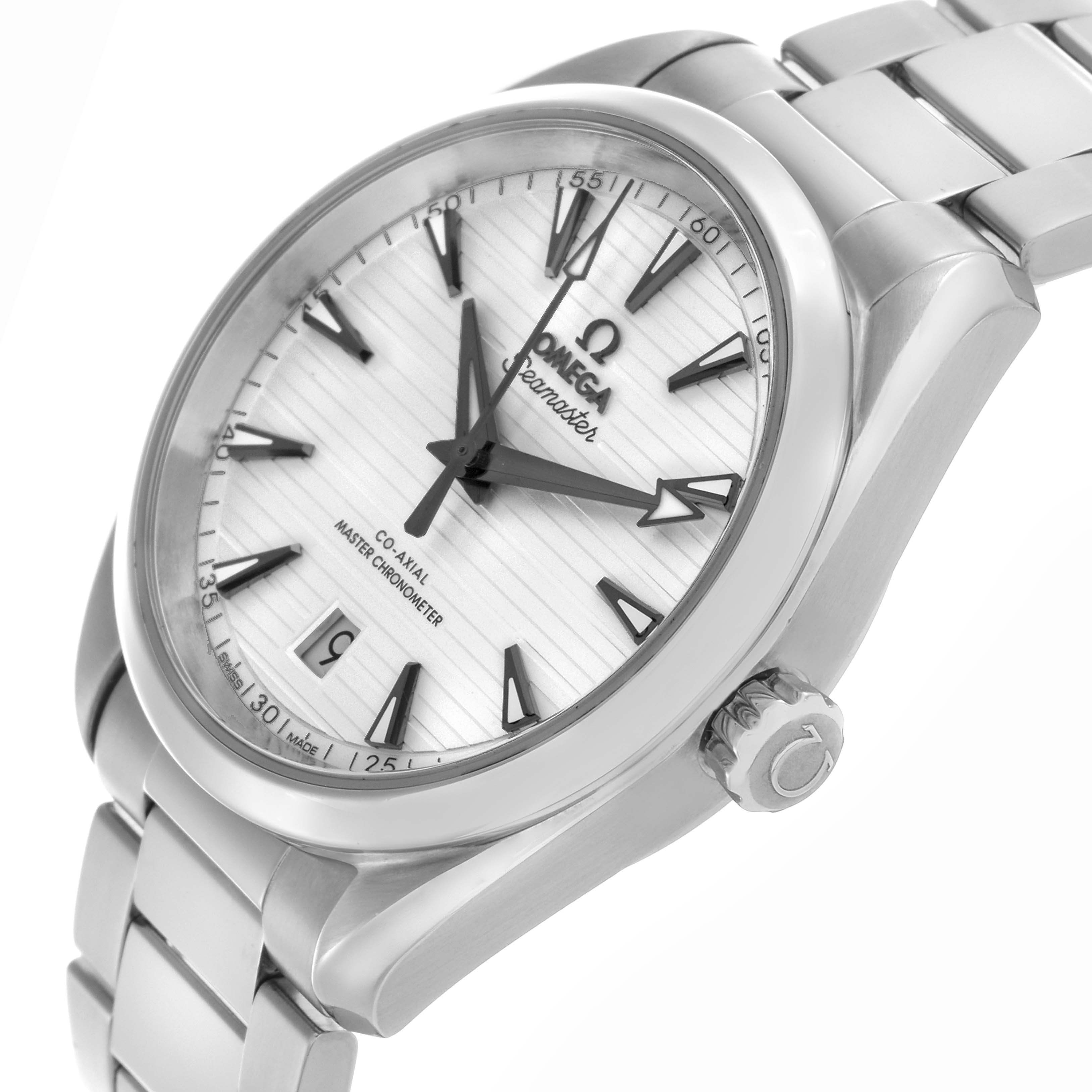 The Omega Aqua Terra 220.10.38.20.02.001 Men
s Stainless Steel Silver Dial 220.10.38.20.02.001 Men
s Stainless Steel Silver Dial watch is shown from an angled side view, displaying the dial, case, and part of the bracelet.