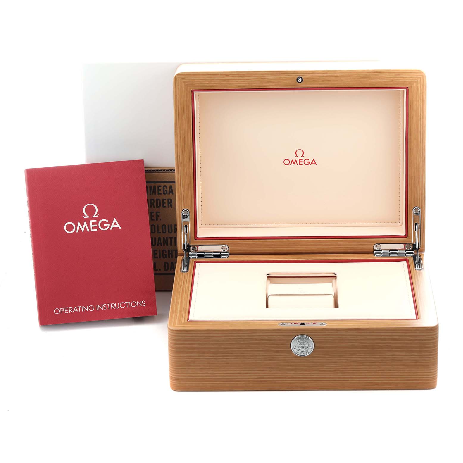 The image shows an Omega Aqua Terra 221.20.42.40.01.002 Men
s Steel and Gold (two tone) Black Dial 221.20.42.40.01.002 Men
s Steel and Gold (two tone) Black Dial watch box and operating instructions with the box open, revealing a cushioned interior.