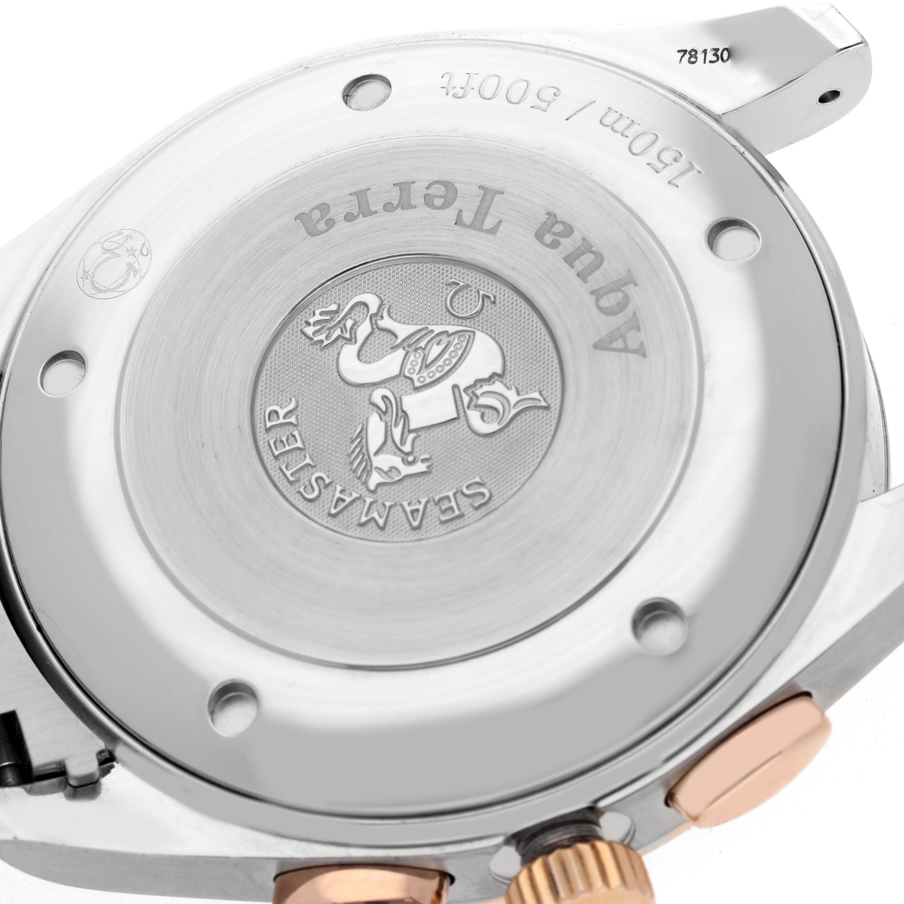 The image shows the case back and crown of the Omega Aqua Terra 221.20.42.40.01.002 Men
s Steel and Gold (two tone) Black Dial 221.20.42.40.01.002 Men
s Steel and Gold (two tone) Black Dial watch, highlighting the Seamaster engraving.