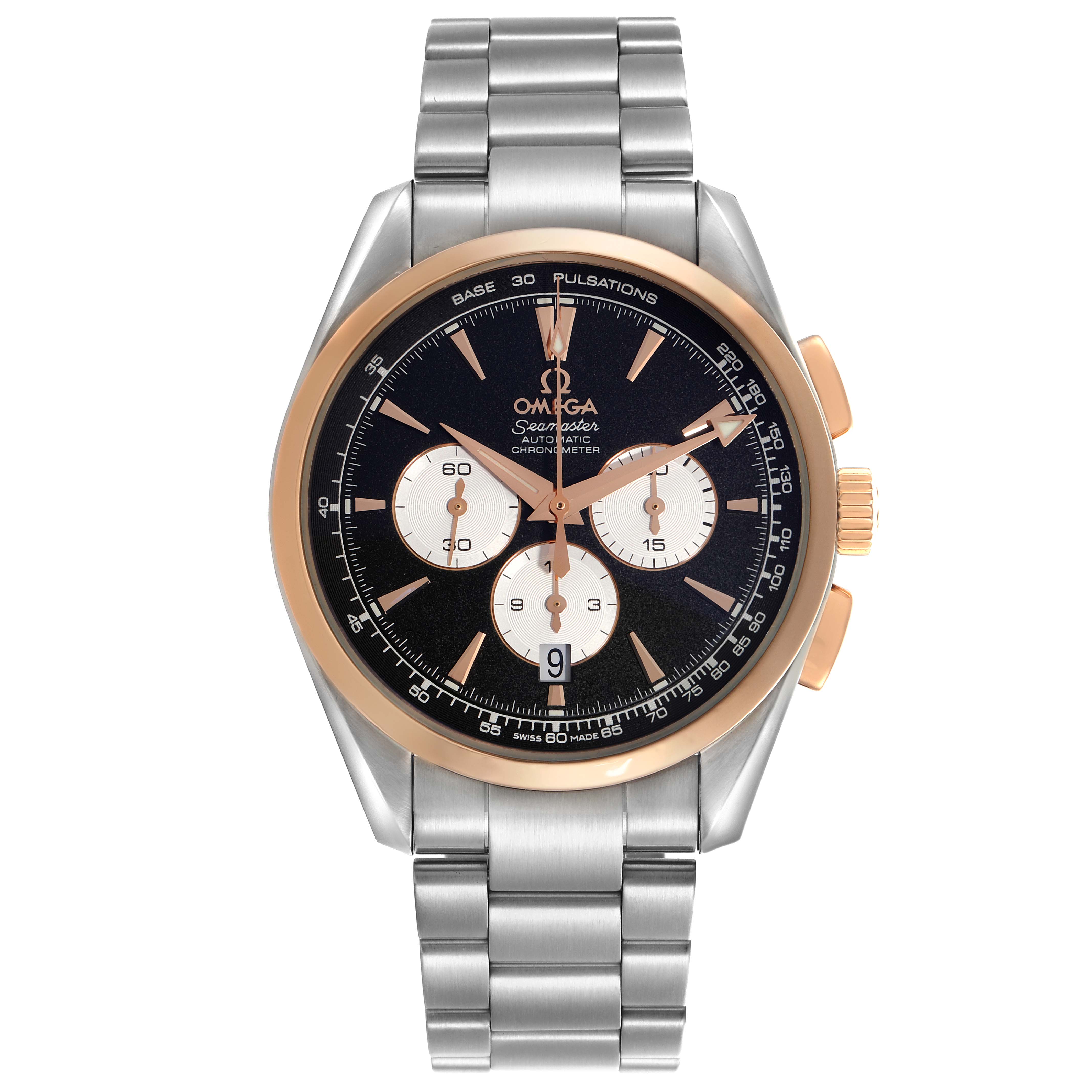 The Omega Aqua Terra 221.20.42.40.01.002 Men
s Steel and Gold (two tone) Black Dial 221.20.42.40.01.002 Men
s Steel and Gold (two tone) Black Dial watch is shown from a front angle highlighting the dial, bezel, crown, and stainless steel bracelet.