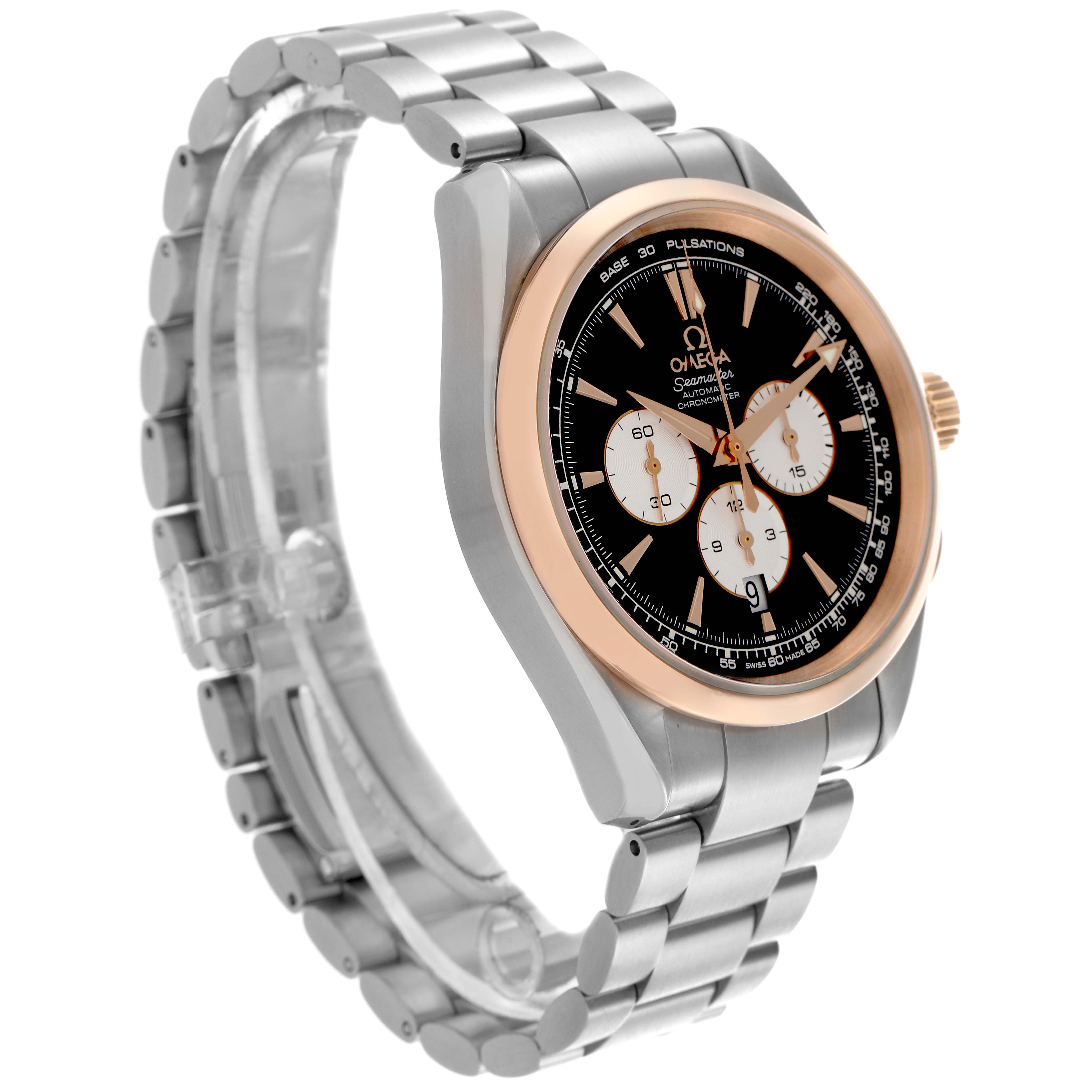 The Omega Aqua Terra 221.20.42.40.01.002 Men
s Steel and Gold (two tone) Black Dial 221.20.42.40.01.002 Men
s Steel and Gold (two tone) Black Dial is shown from a side angle, displaying its bracelet, bezel, and face with sub-dials.