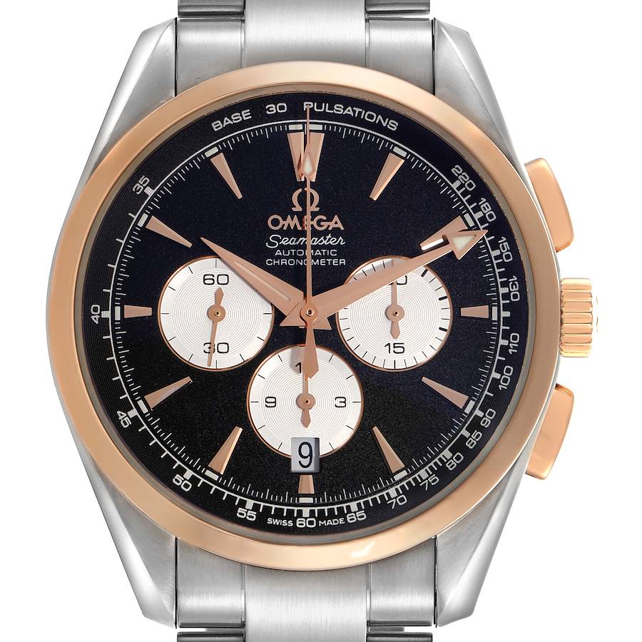 The image shows a front view of the Omega Aqua Terra watch, highlighting its dial, hands, and crown.