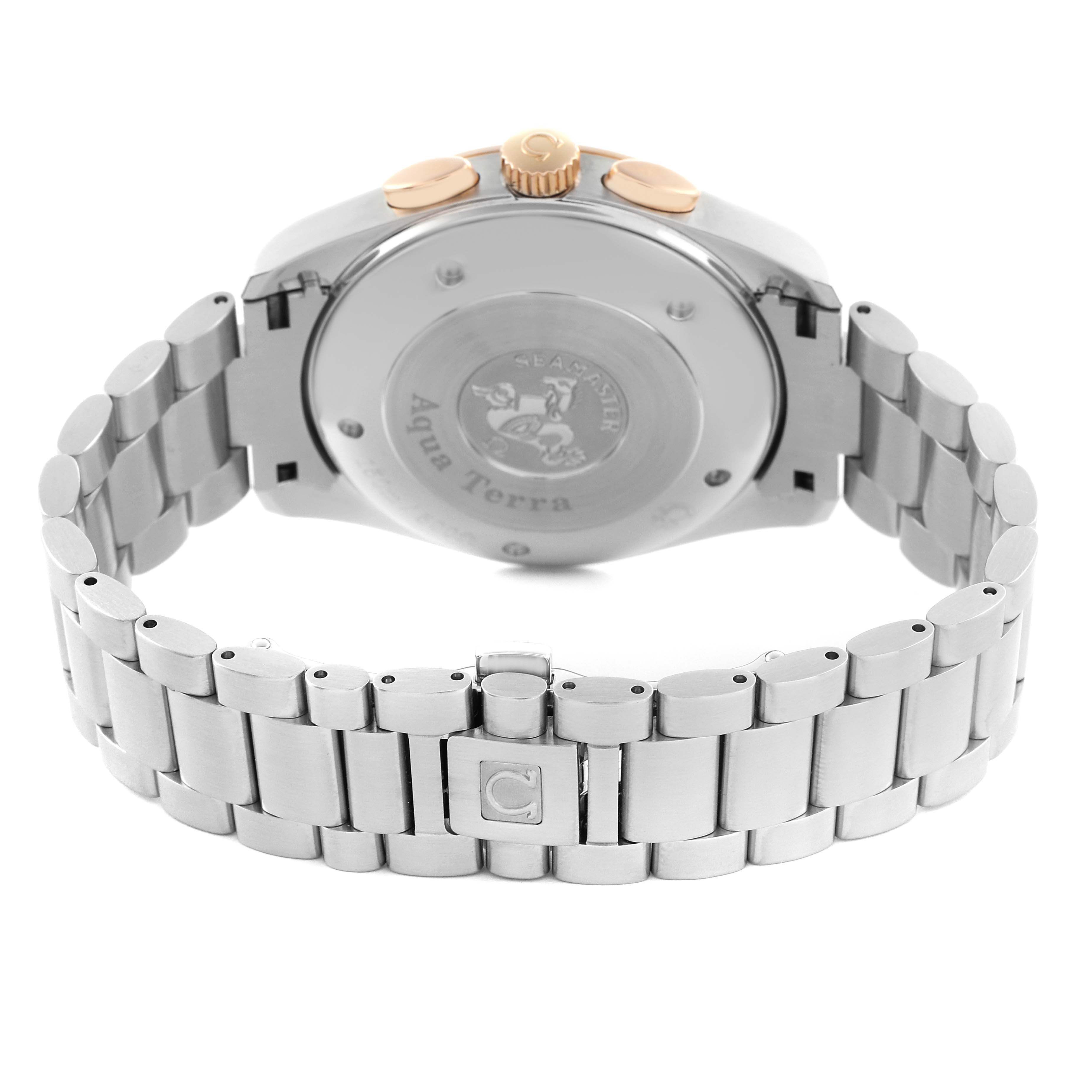 The image shows the back of the Omega Aqua Terra 221.20.42.40.01.002 Men
s Steel and Gold (two tone) Black Dial 221.20.42.40.01.002 Men
s Steel and Gold (two tone) Black Dial watch, highlighting the case back and stainless steel bracelet.