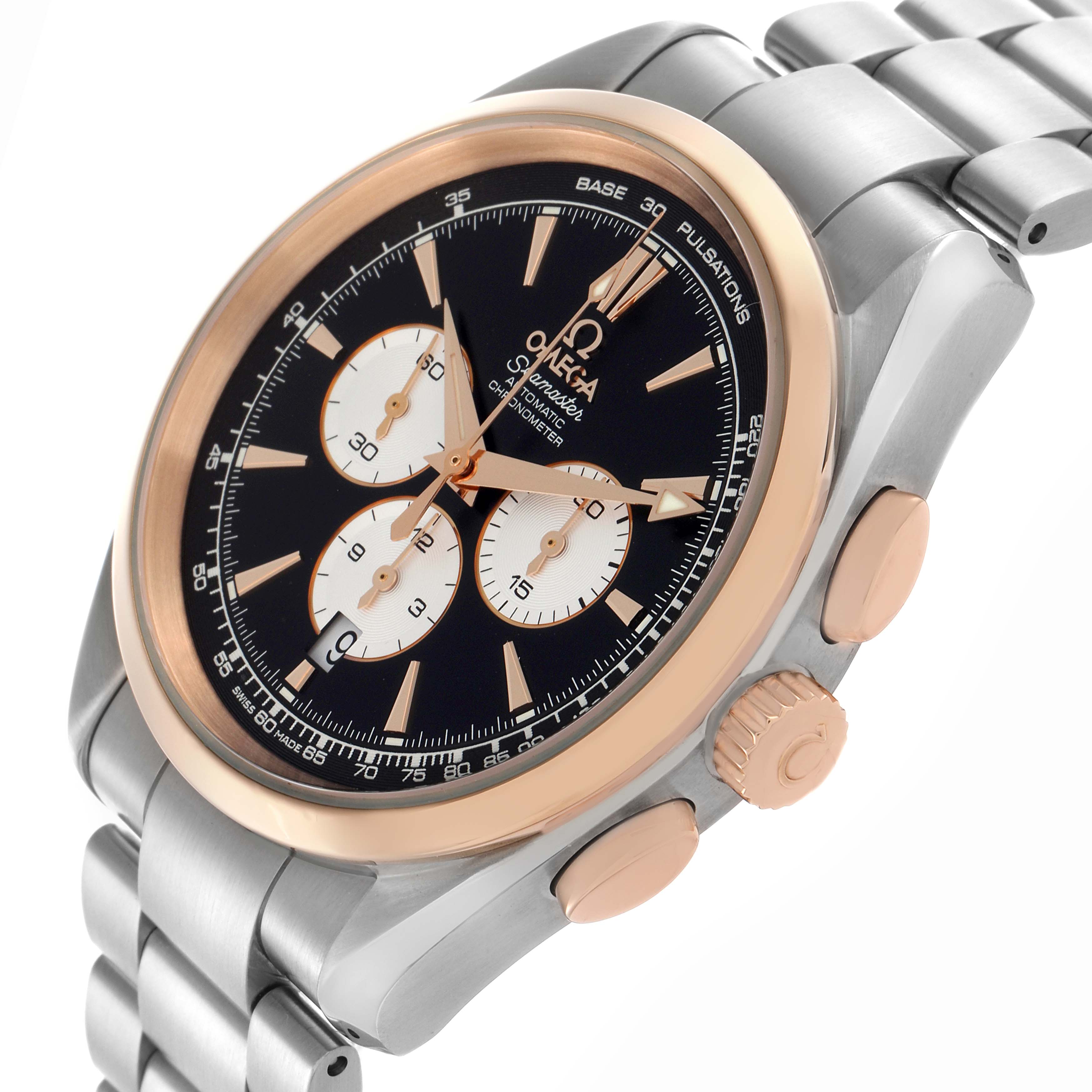 The Omega Aqua Terra 221.20.42.40.01.002 Men
s Steel and Gold (two tone) Black Dial 221.20.42.40.01.002 Men
s Steel and Gold (two tone) Black Dial watch is shown at an angled side view, highlighting the dial, bezel, crown, and bracelet.