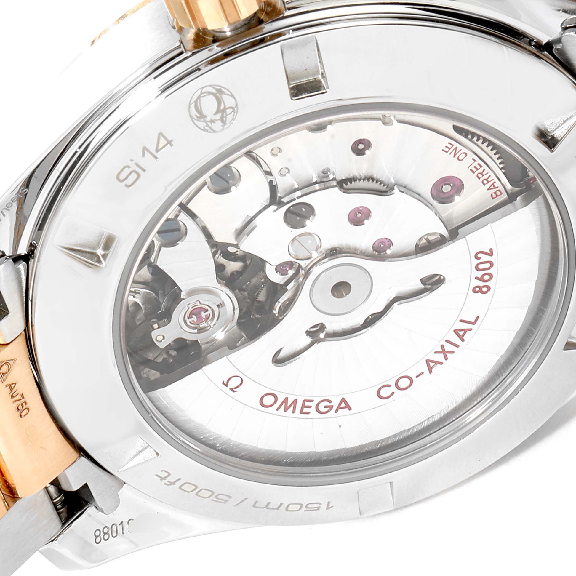 The image shows the backside of an Omega Aqua Terra 231.20.42.22.06.001 Men
s Steel and Gold (two tone) Grey Dial 231.20.42.22.06.001 Men
s Steel and Gold (two tone) Grey Dial watch, highlighting its Co-Axial 8602 movement visible through the display case back.