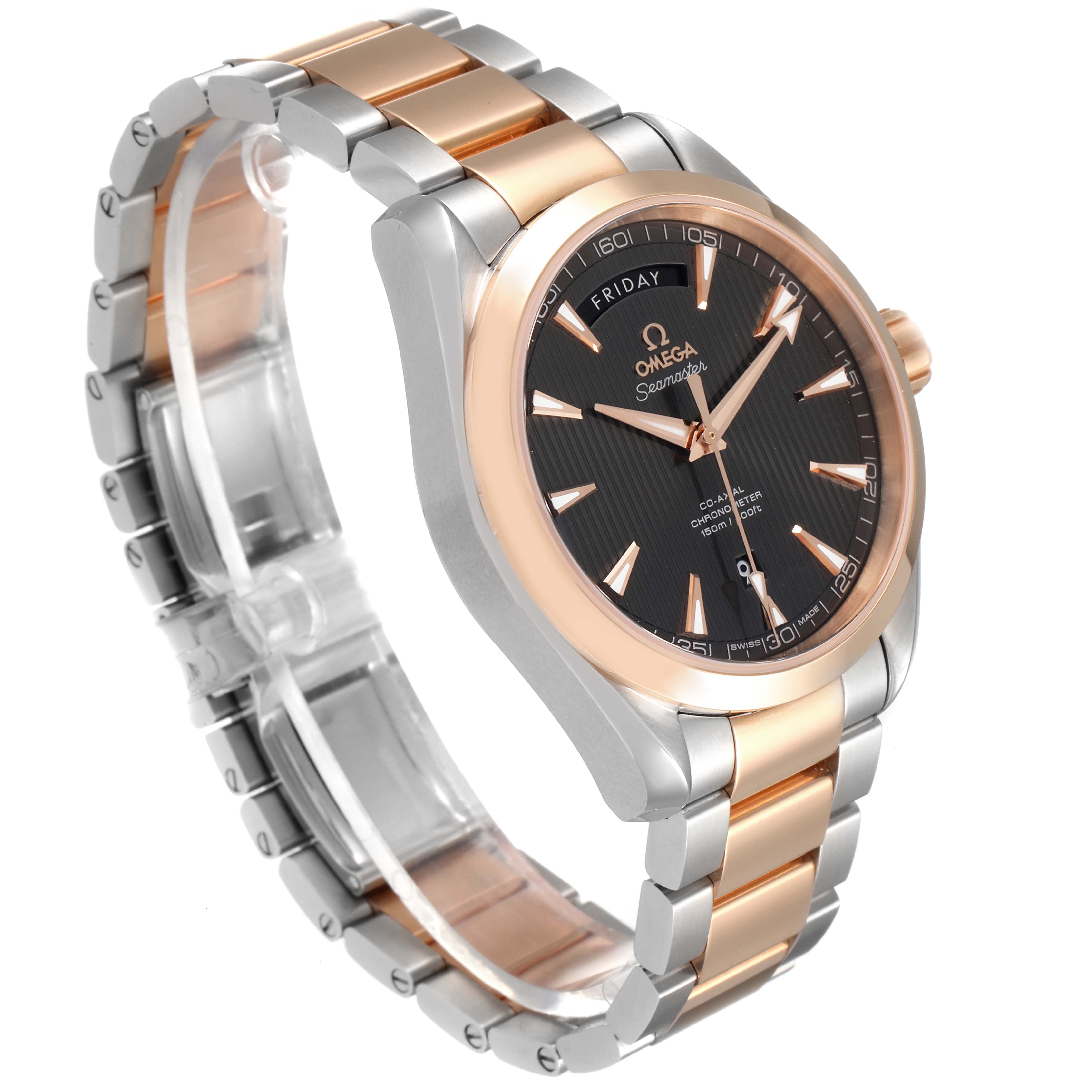 The Omega Aqua Terra 231.20.42.22.06.001 Men
s Steel and Gold (two tone) Grey Dial 231.20.42.22.06.001 Men
s Steel and Gold (two tone) Grey Dial watch is shown at a three-quarter angle highlighting the face, bezel, crown, and bracelet.