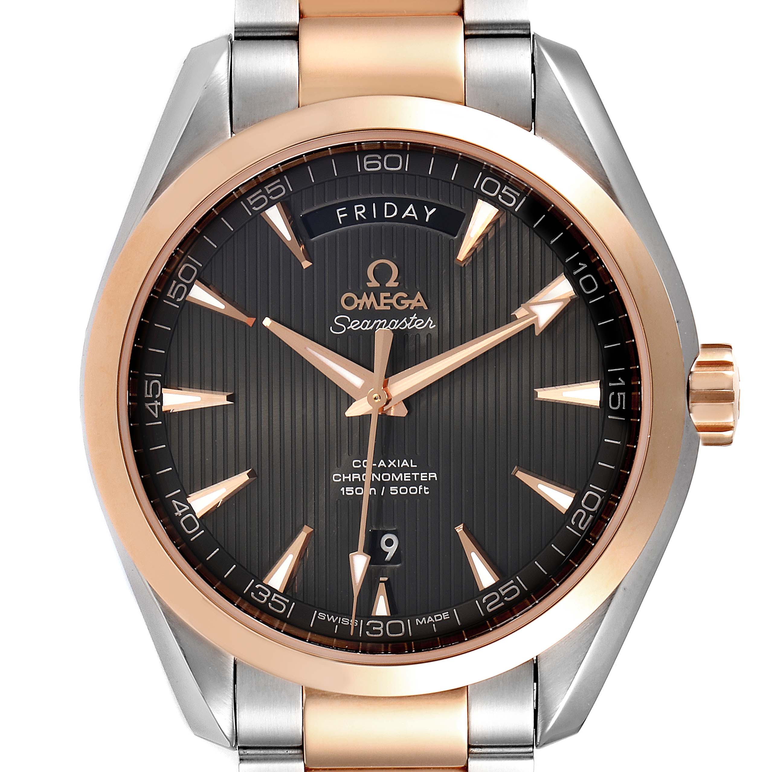 The image shows the front view of the Omega Aqua Terra 231.20.42.22.06.001 Men
s Steel and Gold (two tone) Grey Dial 231.20.42.22.06.001 Men
s Steel and Gold (two tone) Grey Dial watch, highlighting its face, bezel, and part of the bracelet.