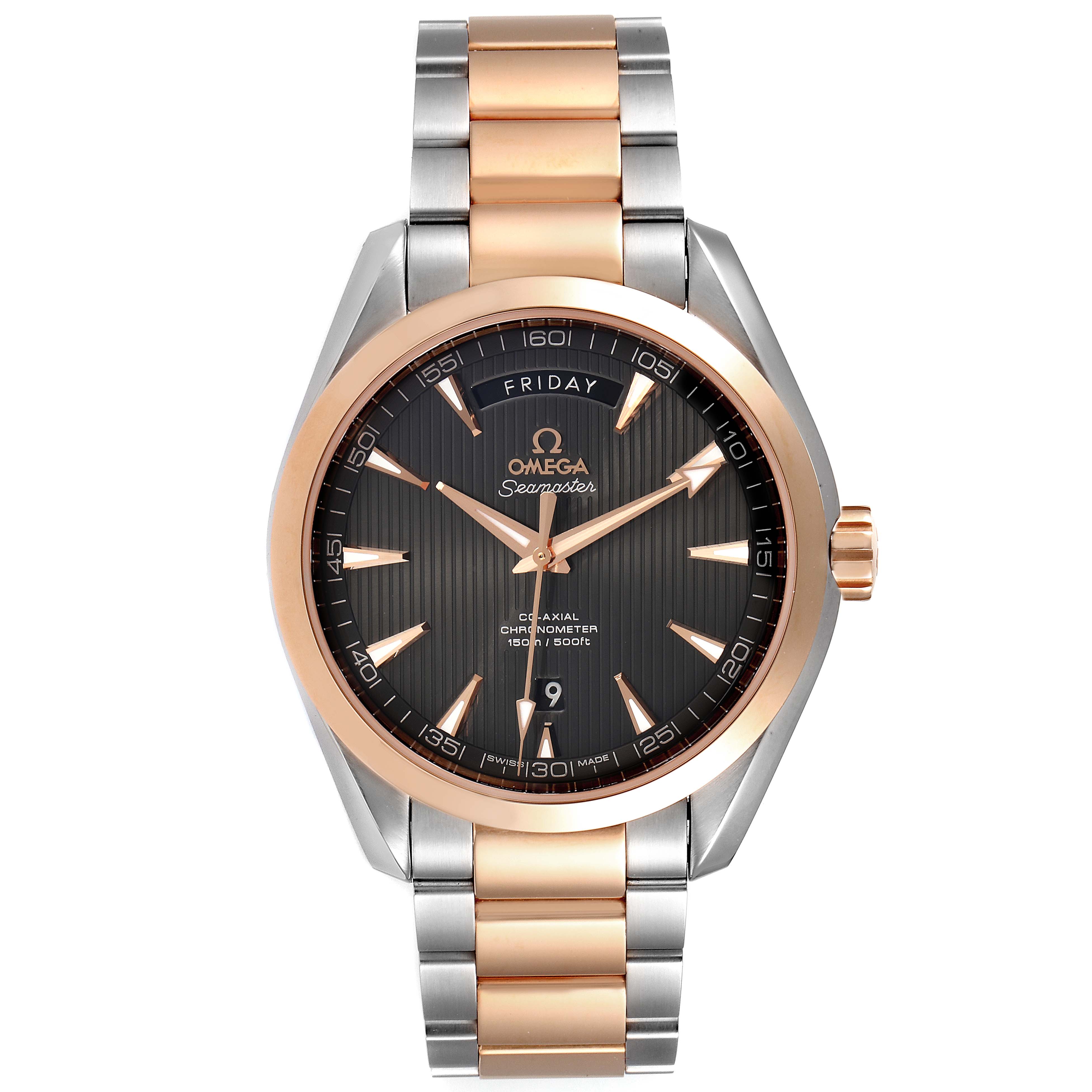This image shows a front view of the Omega Aqua Terra 231.20.42.22.06.001 Men
s Steel and Gold (two tone) Grey Dial 231.20.42.22.06.001 Men
s Steel and Gold (two tone) Grey Dial watch, highlighting its dial, hands, date window, and two-tone bracelet.