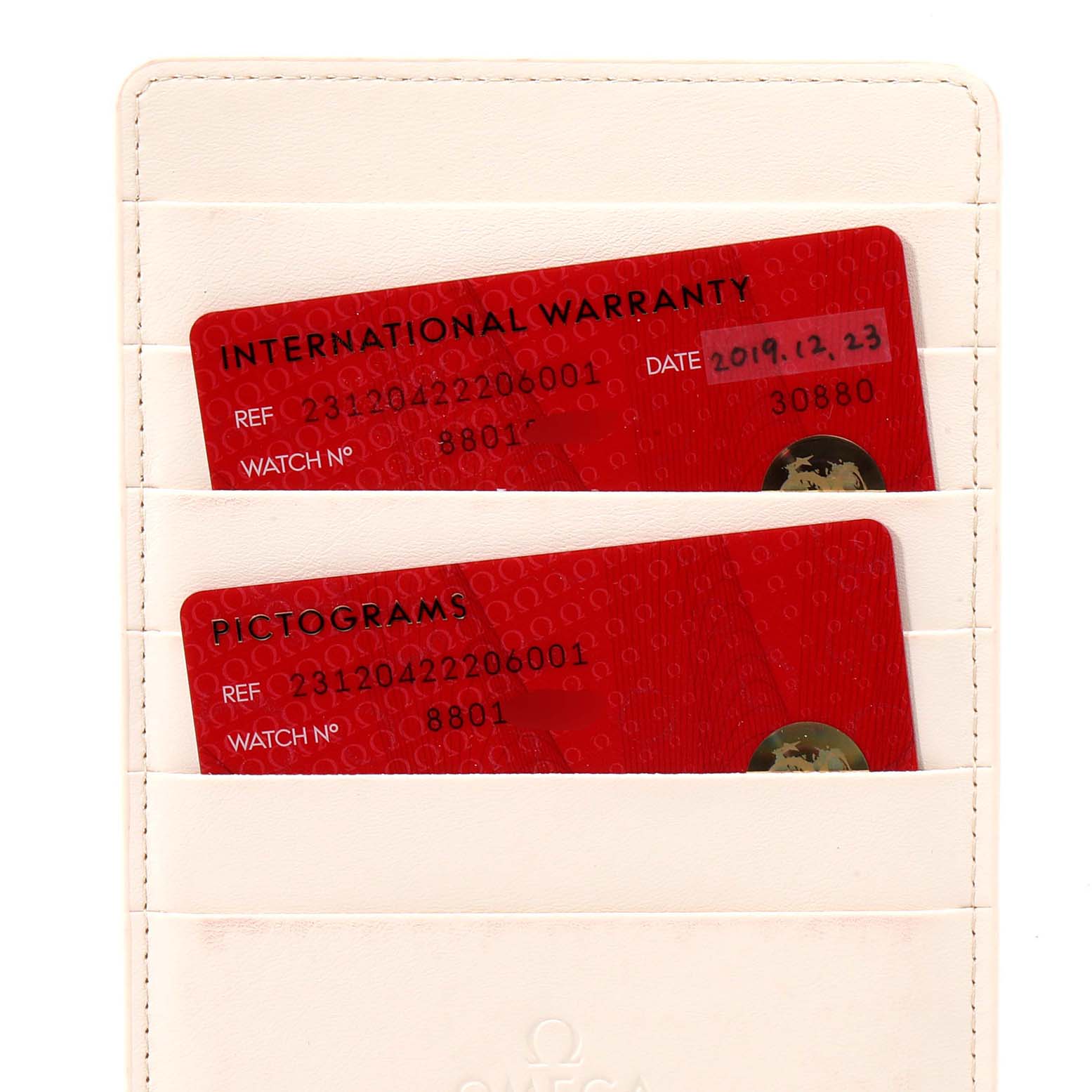 This image shows the international warranty and pictograms cards for the Omega Aqua Terra 231.20.42.22.06.001 Men
s Steel and Gold (two tone) Grey Dial 231.20.42.22.06.001 Men
s Steel and Gold (two tone) Grey Dial watch, placed in a cardholder.