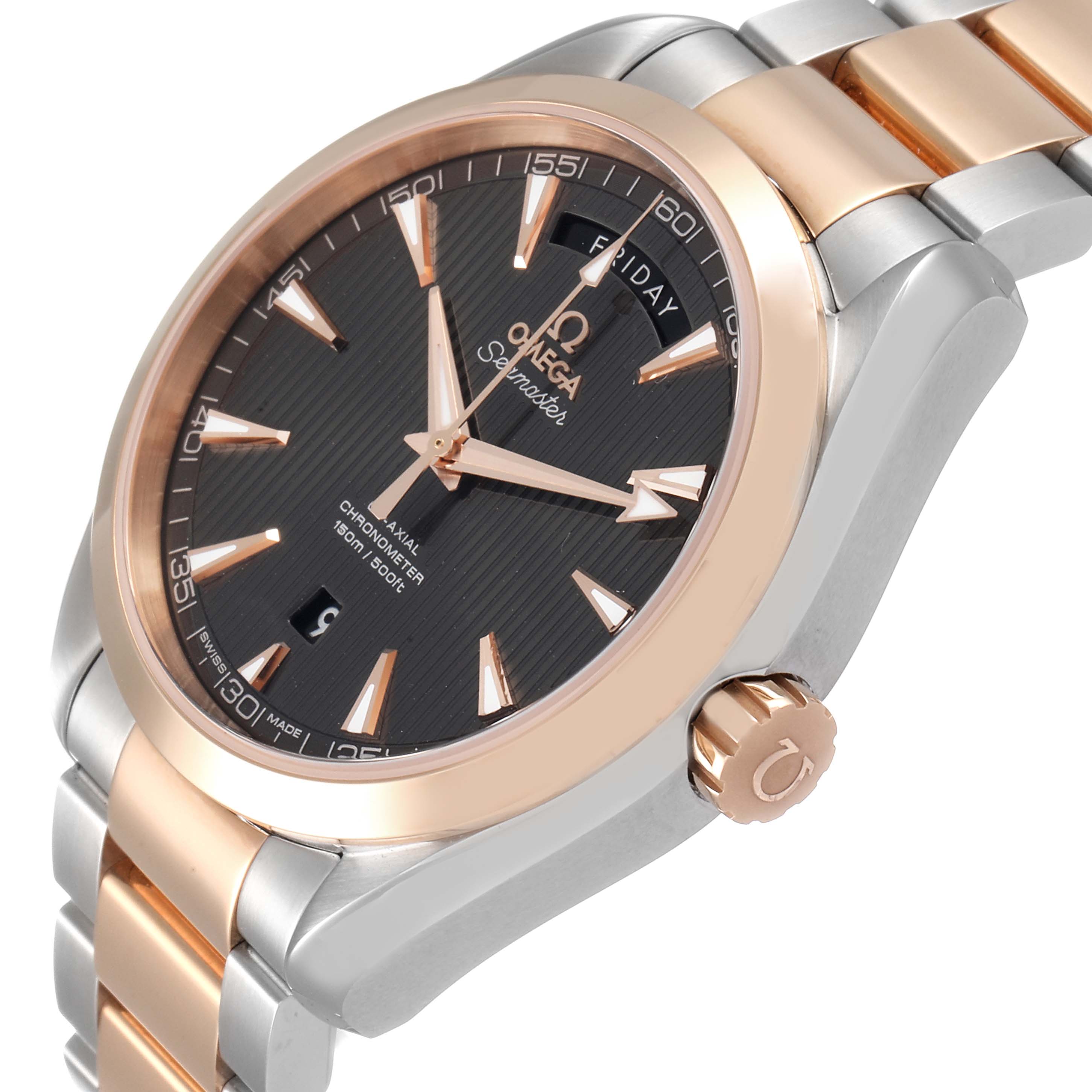 The image shows an angled view of the Omega Aqua Terra 231.20.42.22.06.001 Men
s Steel and Gold (two tone) Grey Dial 231.20.42.22.06.001 Men
s Steel and Gold (two tone) Grey Dial watch, displaying the dial, bezel, crown, and part of the bracelet.