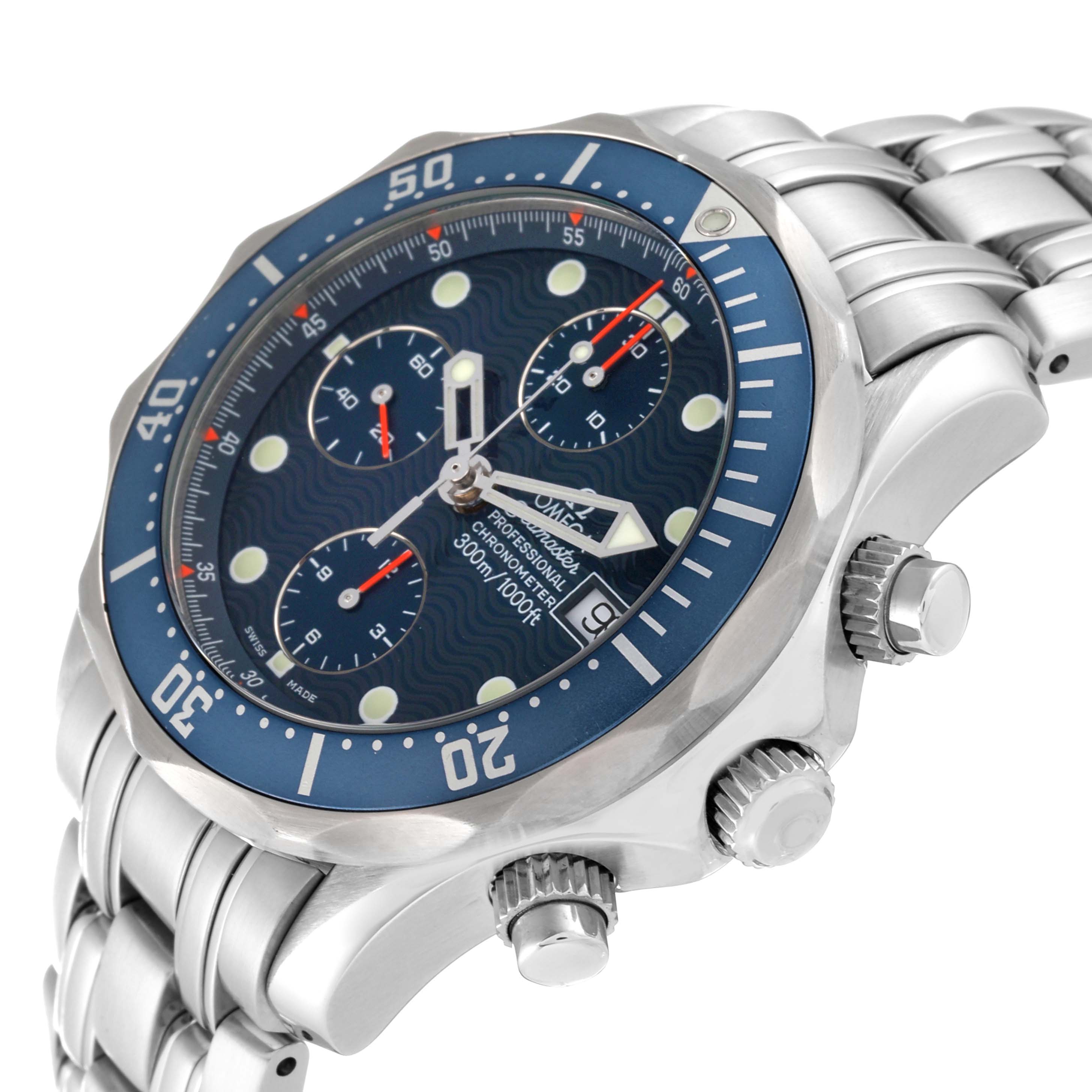 The image shows the dial, bezel, case, bracelet, crown, and pushers of the Omega Seamaster 2599.80.00 Men's Stainless Steel Blue Dial 2599.80.00 Men's Stainless Steel Blue Dial watch at a side angle.