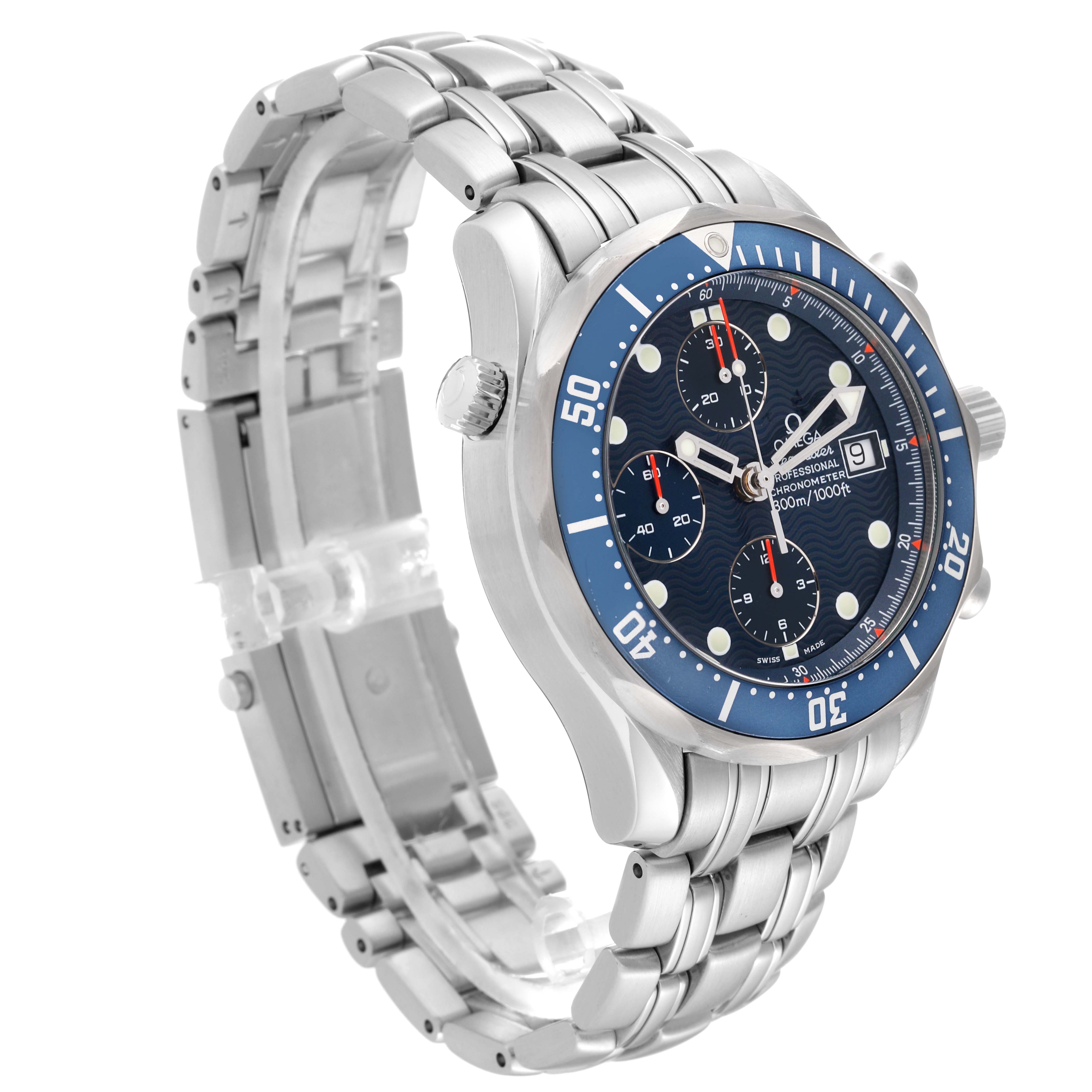 This image shows a side-angle view of an Omega Seamaster 2599.80.00 Men's Stainless Steel Blue Dial 2599.80.00 Men's Stainless Steel Blue Dial watch, highlighting its face, bezel, crown, and stainless steel bracelet.