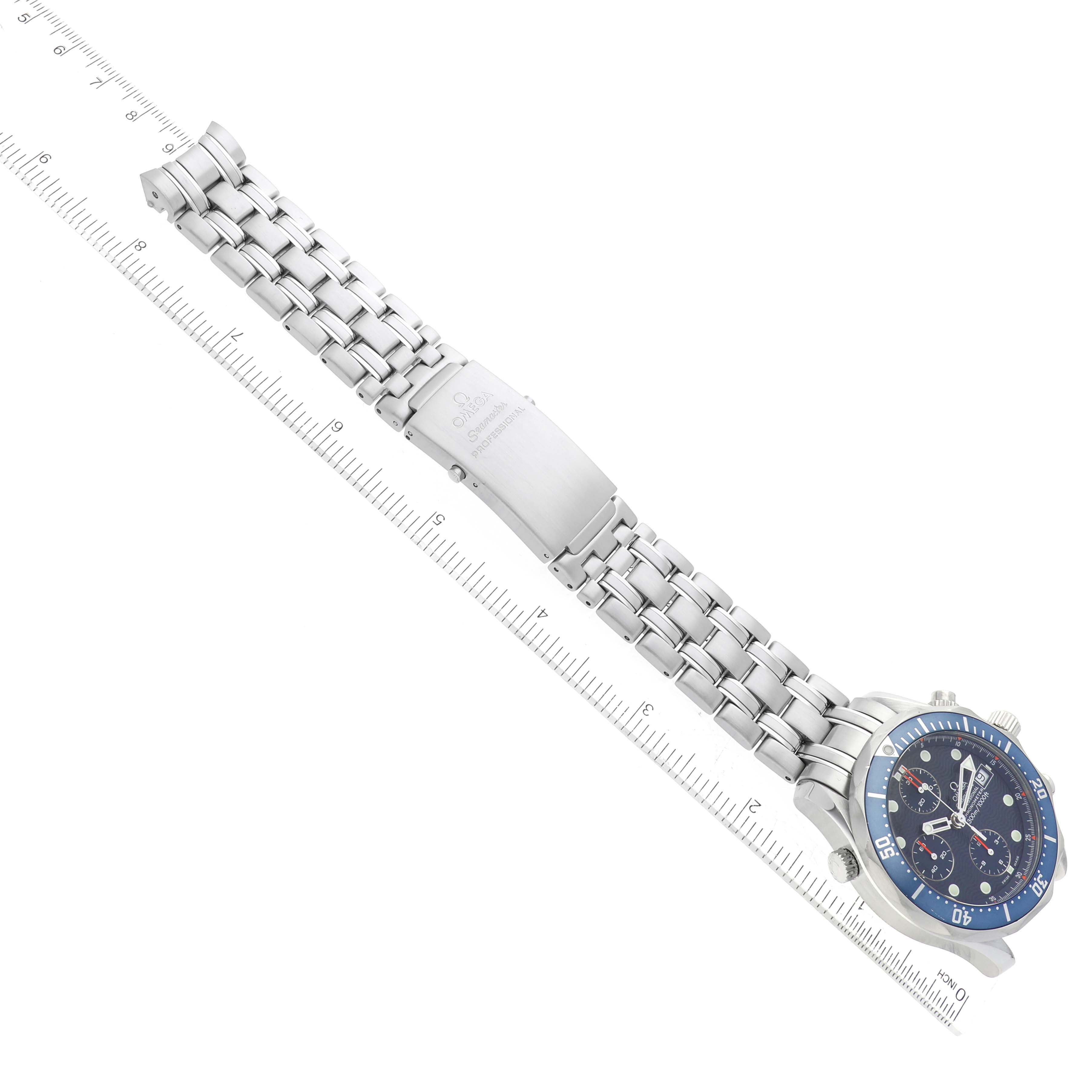 The image shows an Omega Seamaster 2599.80.00 Men's Stainless Steel Blue Dial 2599.80.00 Men's Stainless Steel Blue Dial watch laid flat with its stainless steel bracelet and clasp fully extended.