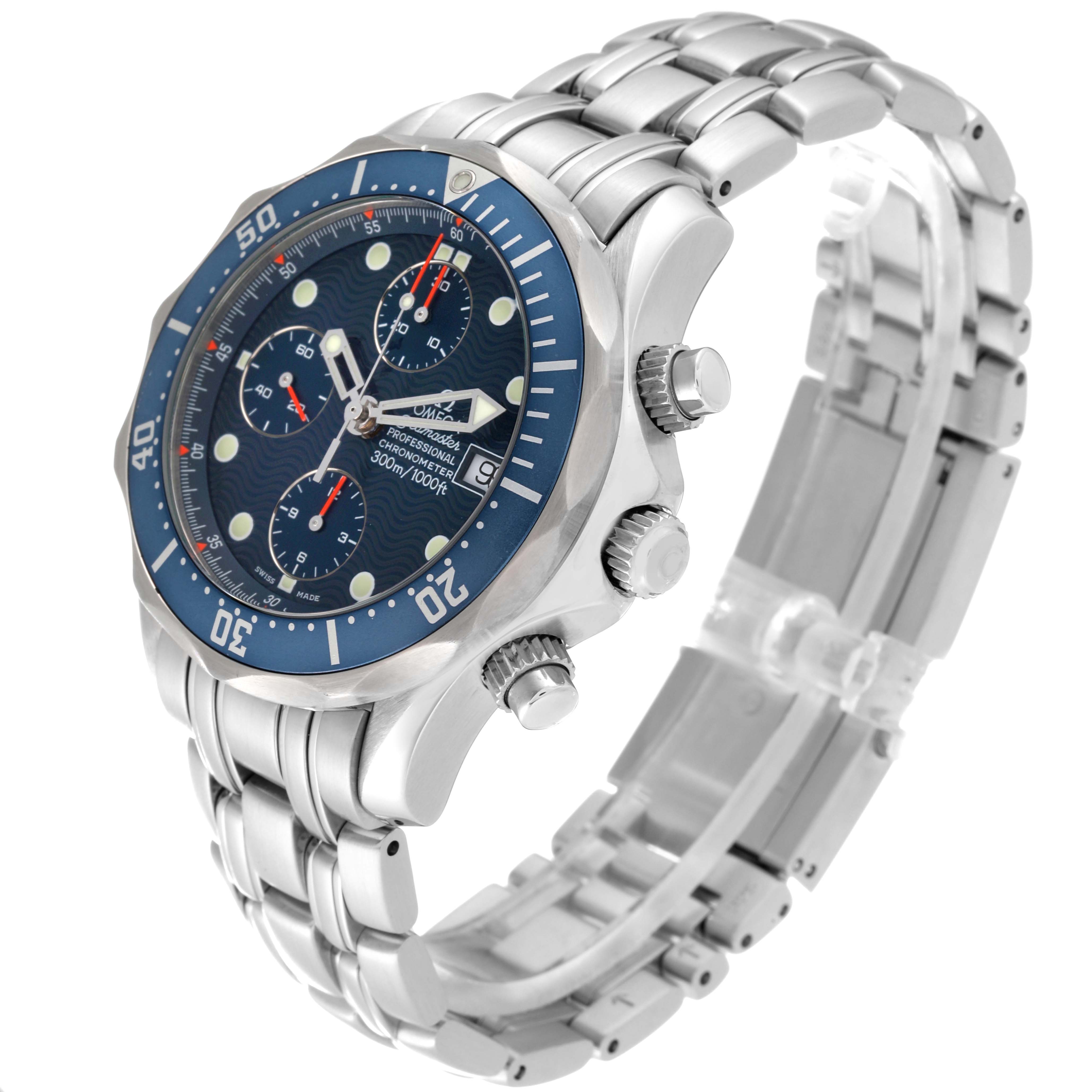 The image shows an Omega Seamaster 2599.80.00 Men's Stainless Steel Blue Dial 2599.80.00 Men's Stainless Steel Blue Dial watch at an oblique angle displaying the face, crown, bezel, and stainless steel bracelet.