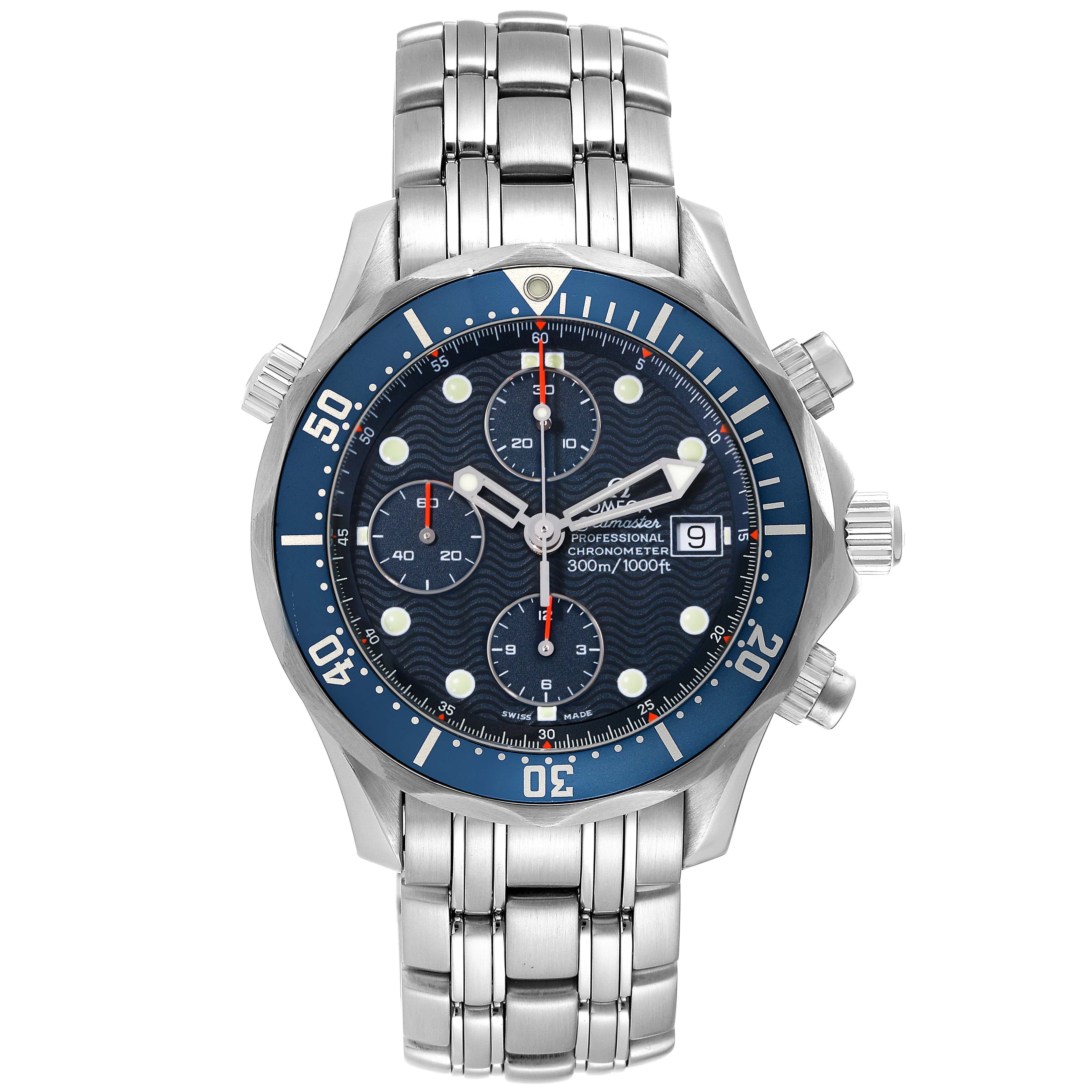 The image shows a front view of the Omega Seamaster 2599.80.00 Men's Stainless Steel Blue Dial 2599.80.00 Men's Stainless Steel Blue Dial watch, displaying its dial, bezel, bracelet, and crown.