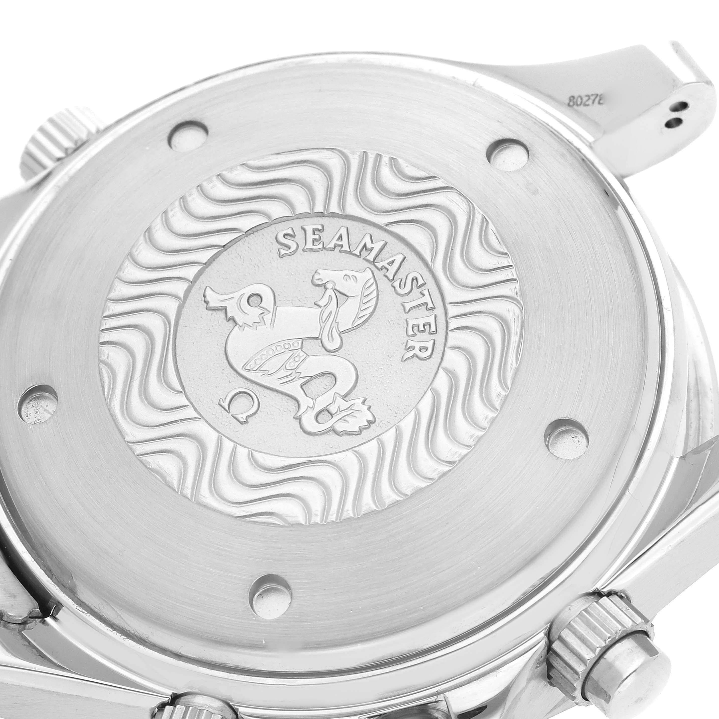 The image shows the case back and part of the crown of an Omega Seamaster 2599.80.00 Men's Stainless Steel Blue Dial 2599.80.00 Men's Stainless Steel Blue Dial watch.