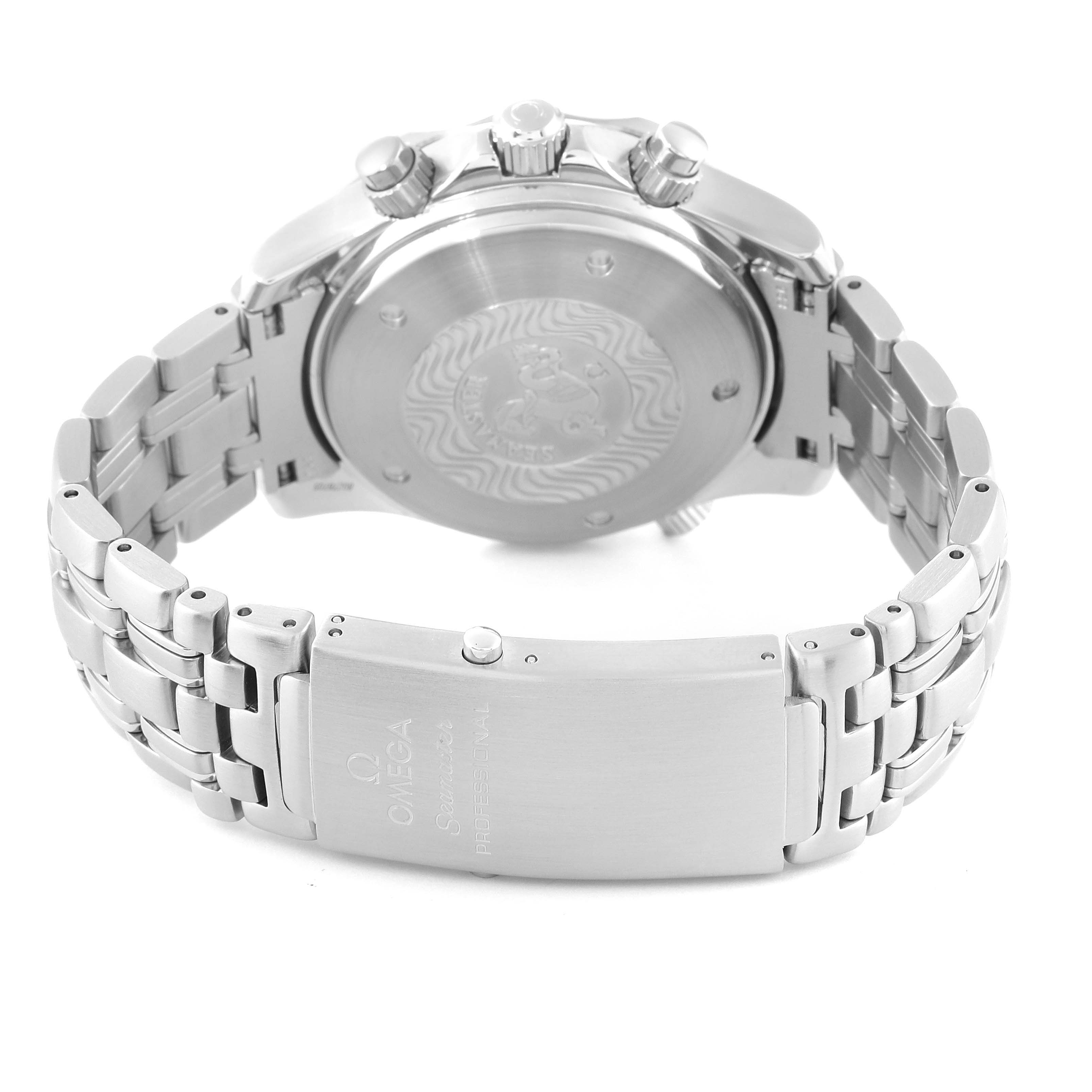 The image shows the back view of an Omega Seamaster 2599.80.00 Men's Stainless Steel Blue Dial 2599.80.00 Men's Stainless Steel Blue Dial watch, highlighting the case back and metal bracelet.