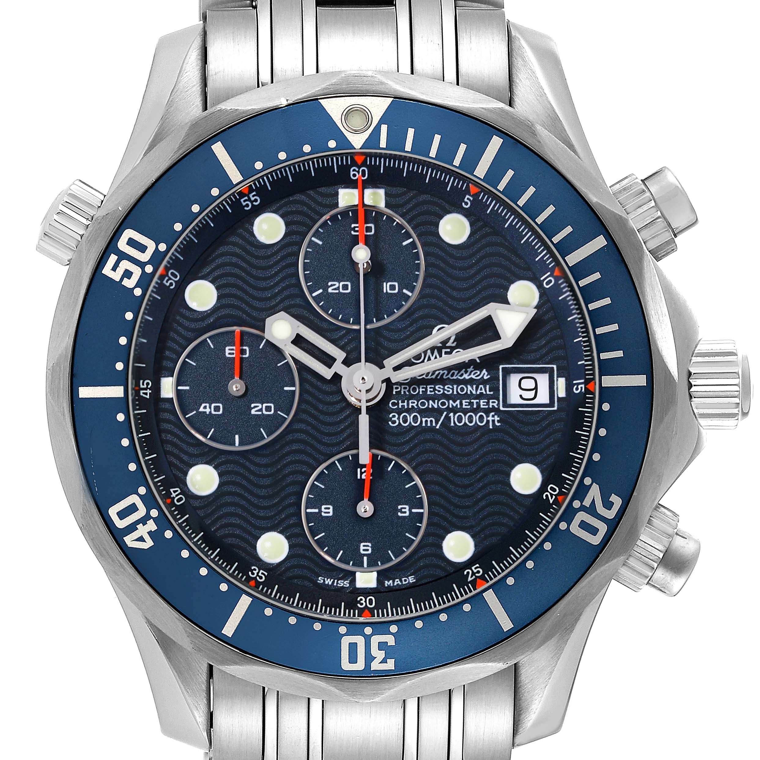 The Omega Seamaster 2599.80.00 Men's Stainless Steel Blue Dial 2599.80.00 Men's Stainless Steel Blue Dial watch is shown from the front, displaying the dial, bezel, pushers, and part of the bracelet.
