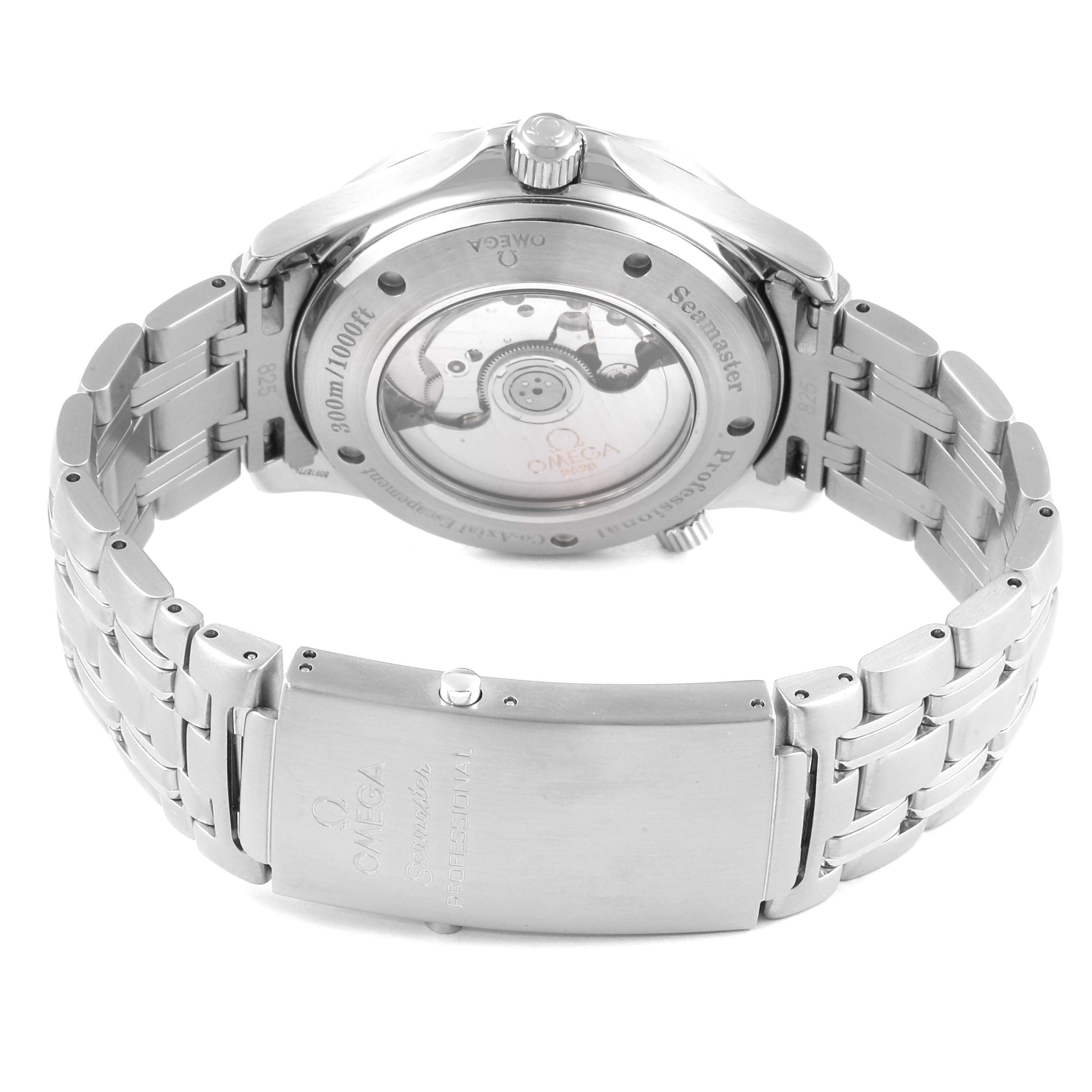 This image shows the back of an Omega Seamaster 2535.80.00 Men
s Stainless Steel Blue Dial 2535.80.00 Men
s Stainless Steel Blue Dial watch, highlighting the case back, crown, and stainless steel bracelet.