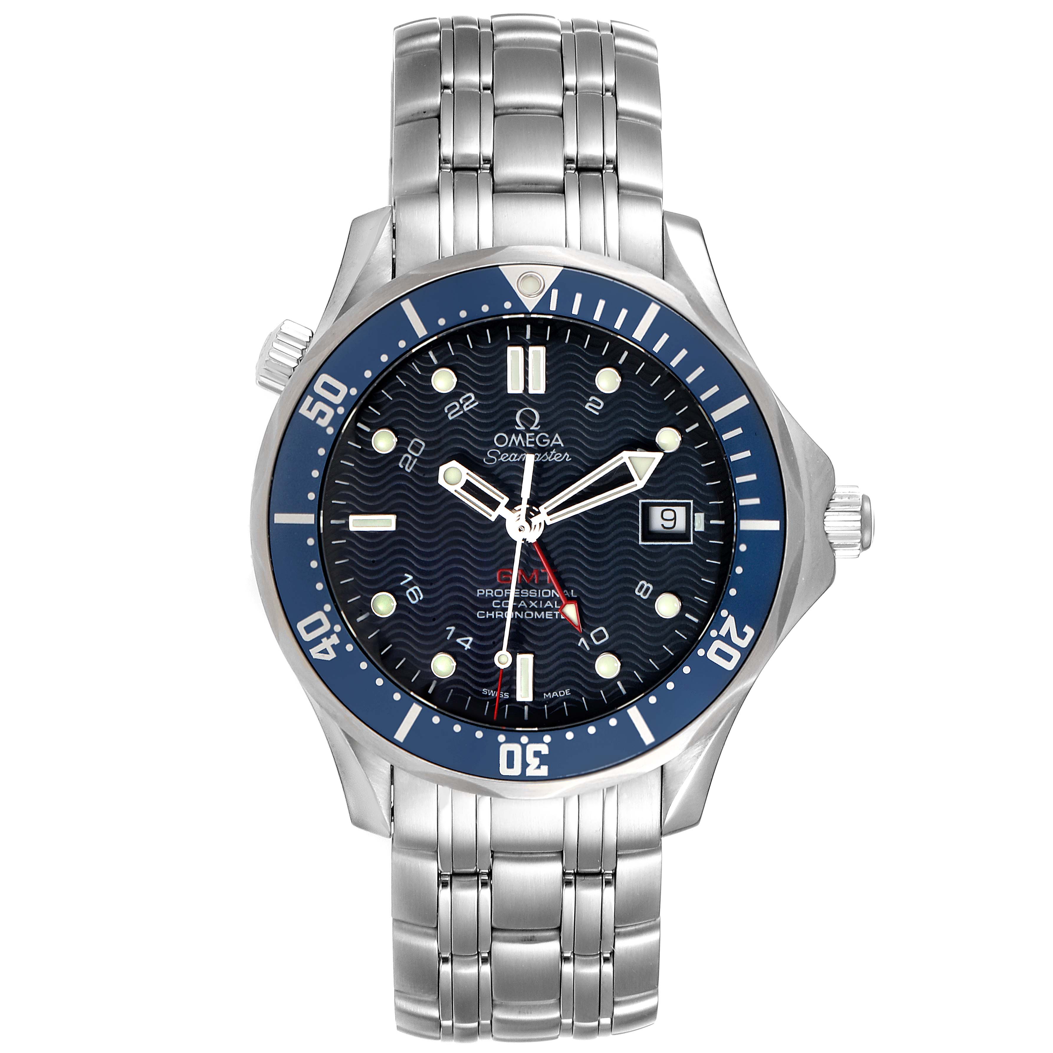 The image shows a front view of the Omega Seamaster 2535.80.00 Men
s Stainless Steel Blue Dial 2535.80.00 Men
s Stainless Steel Blue Dial watch, highlighting the face, bezel, hands, date display, and metal bracelet.