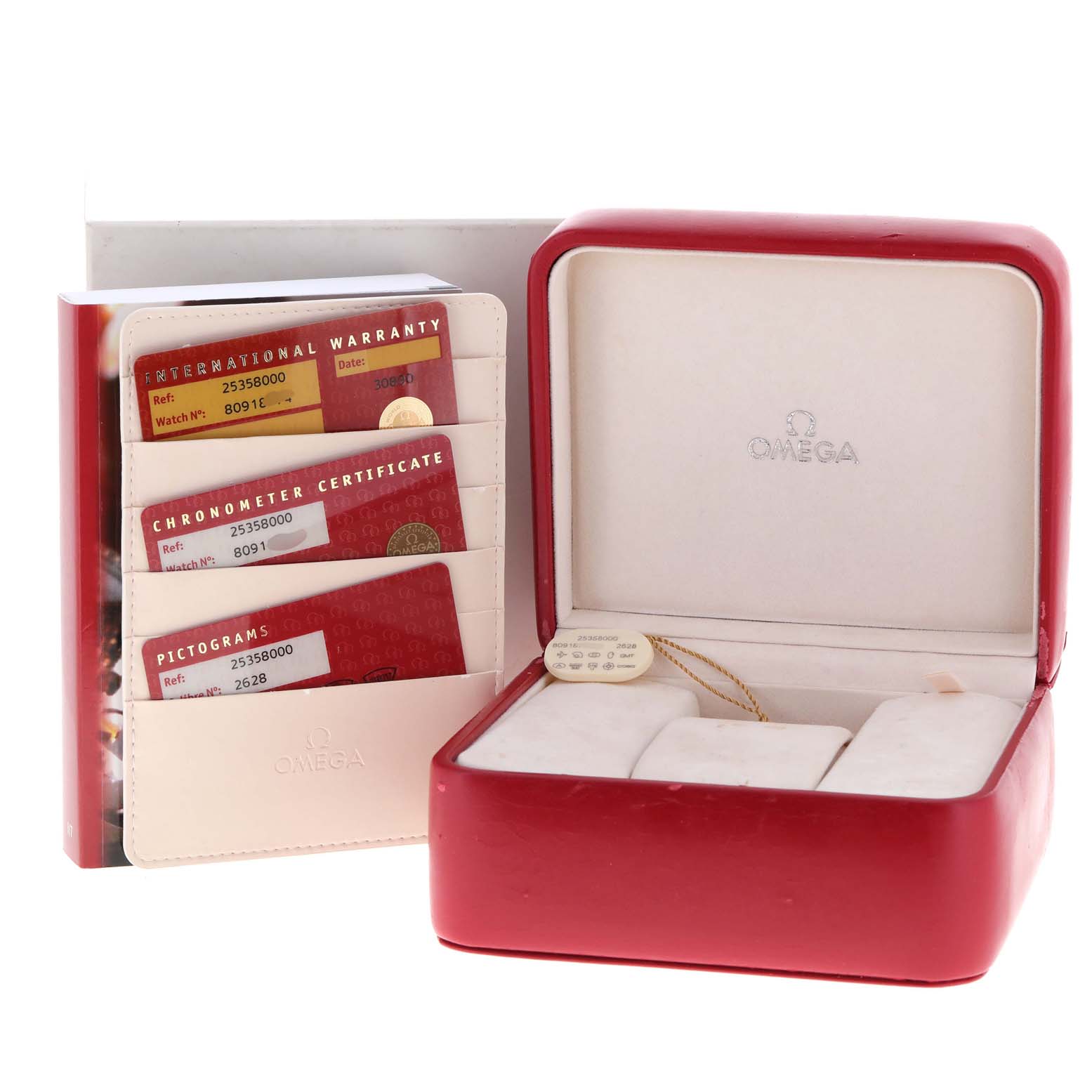 The image shows the open box and warranty cards for an Omega Seamaster 2535.80.00 Men
s Stainless Steel Blue Dial 2535.80.00 Men
s Stainless Steel Blue Dial watch.