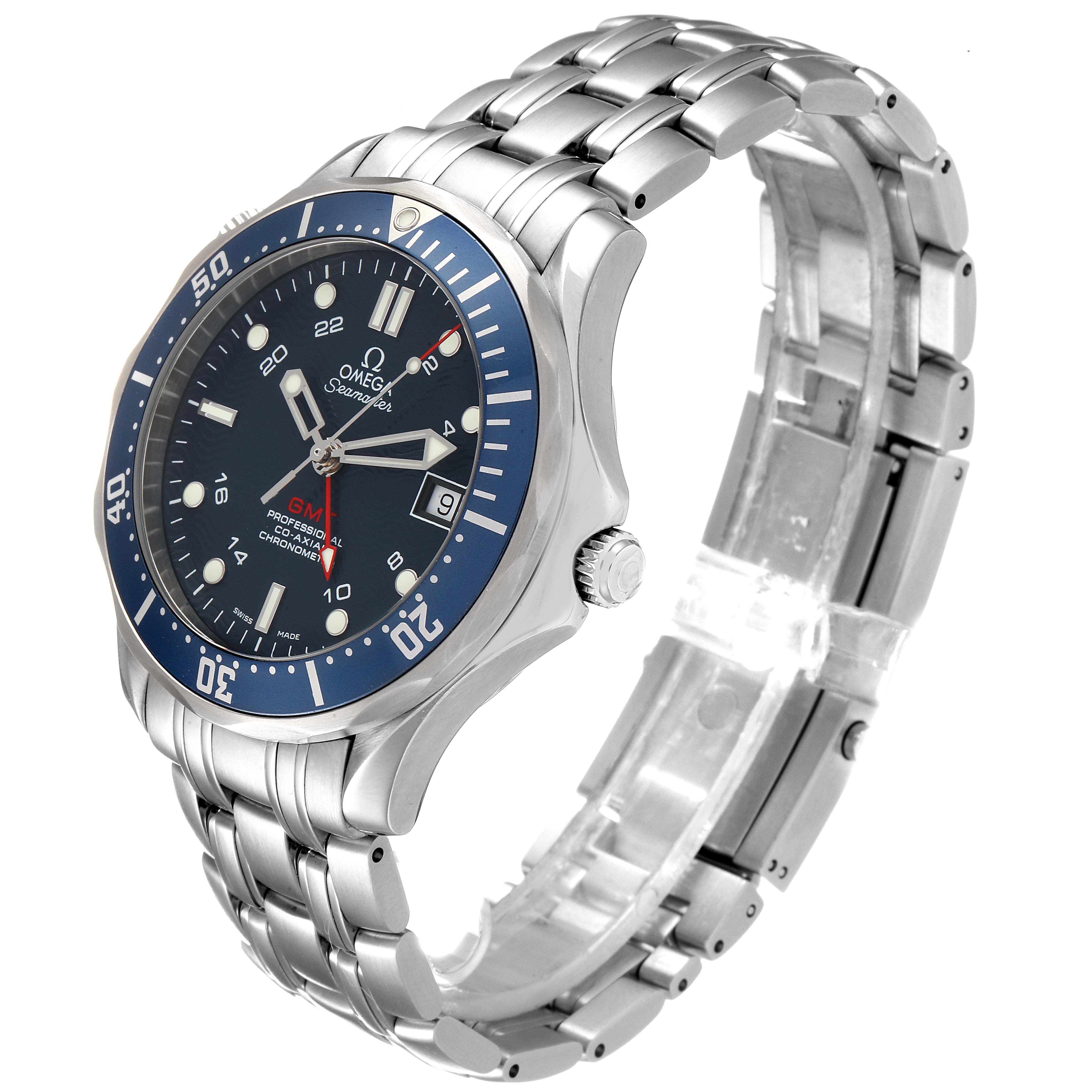 The Omega Seamaster 2535.80.00 Men
s Stainless Steel Blue Dial 2535.80.00 Men
s Stainless Steel Blue Dial watch is shown at a three-quarter angle, highlighting the dial, bezel, and stainless steel bracelet.