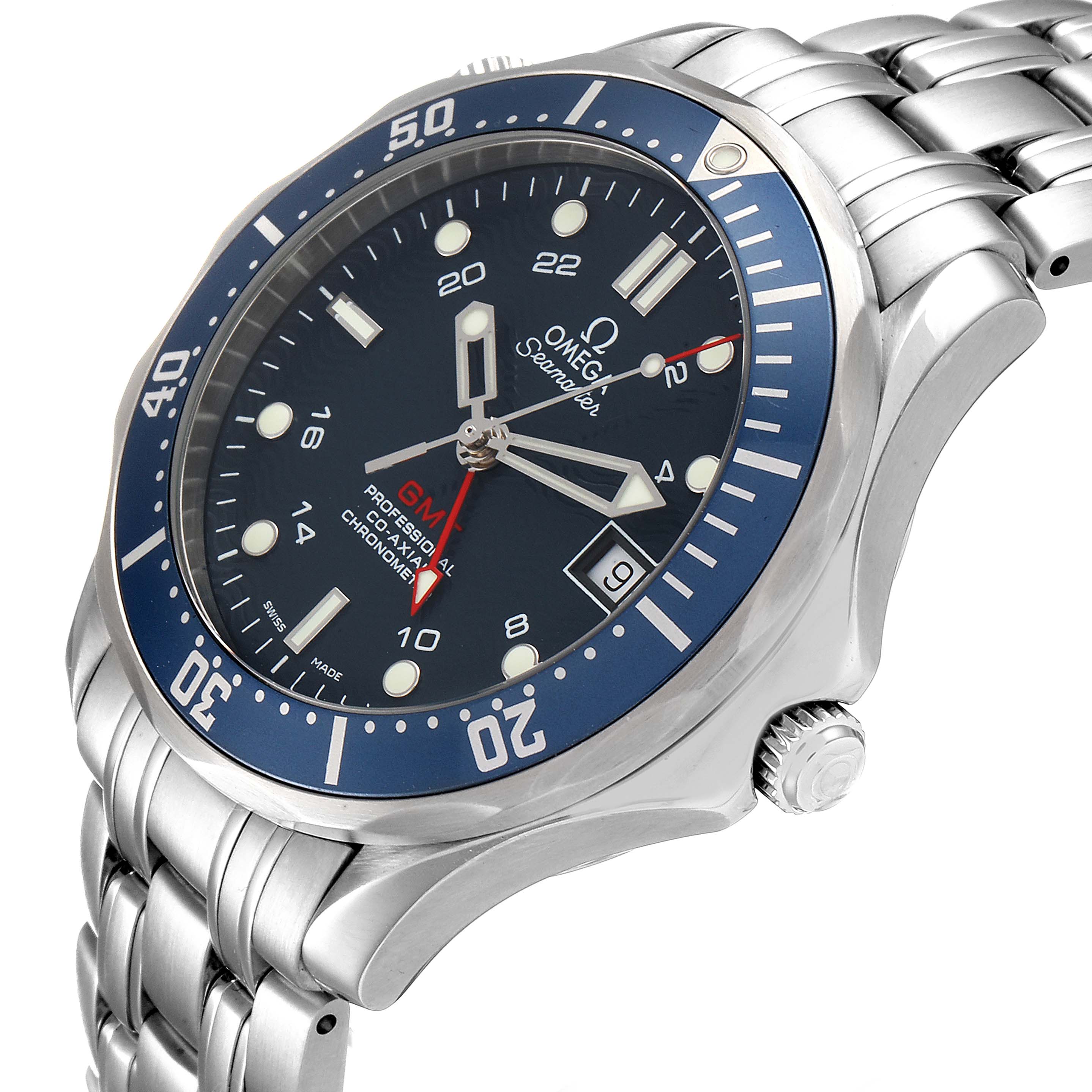 The image shows a side angle of the Omega Seamaster 2535.80.00 Men
s Stainless Steel Blue Dial 2535.80.00 Men
s Stainless Steel Blue Dial watch, focusing on the face, bezel, crown, and bracelet.
