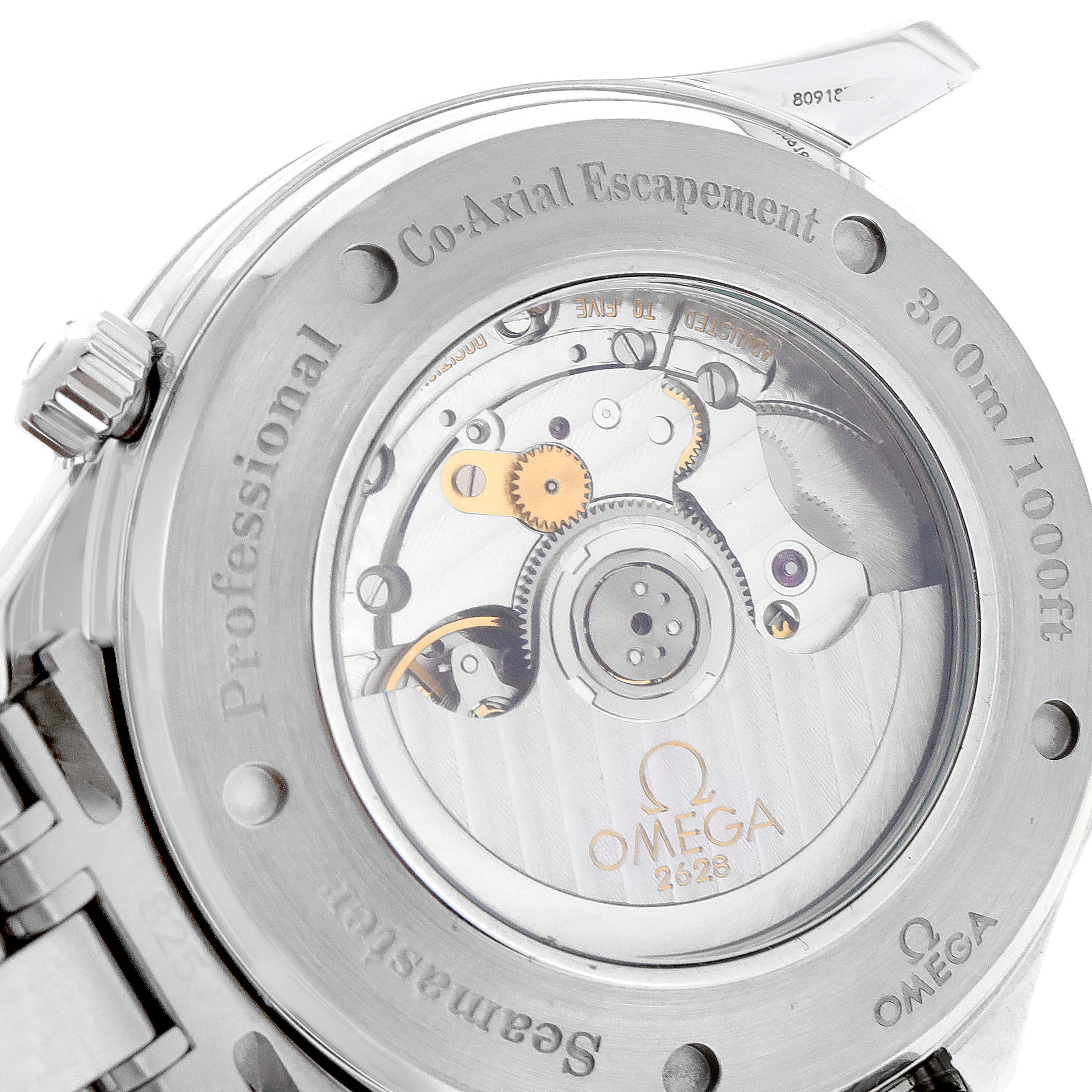 This image shows the back of an Omega Seamaster 2535.80.00 Men
s Stainless Steel Blue Dial 2535.80.00 Men
s Stainless Steel Blue Dial watch, highlighting its Co-Axial Escapement and inner mechanism.