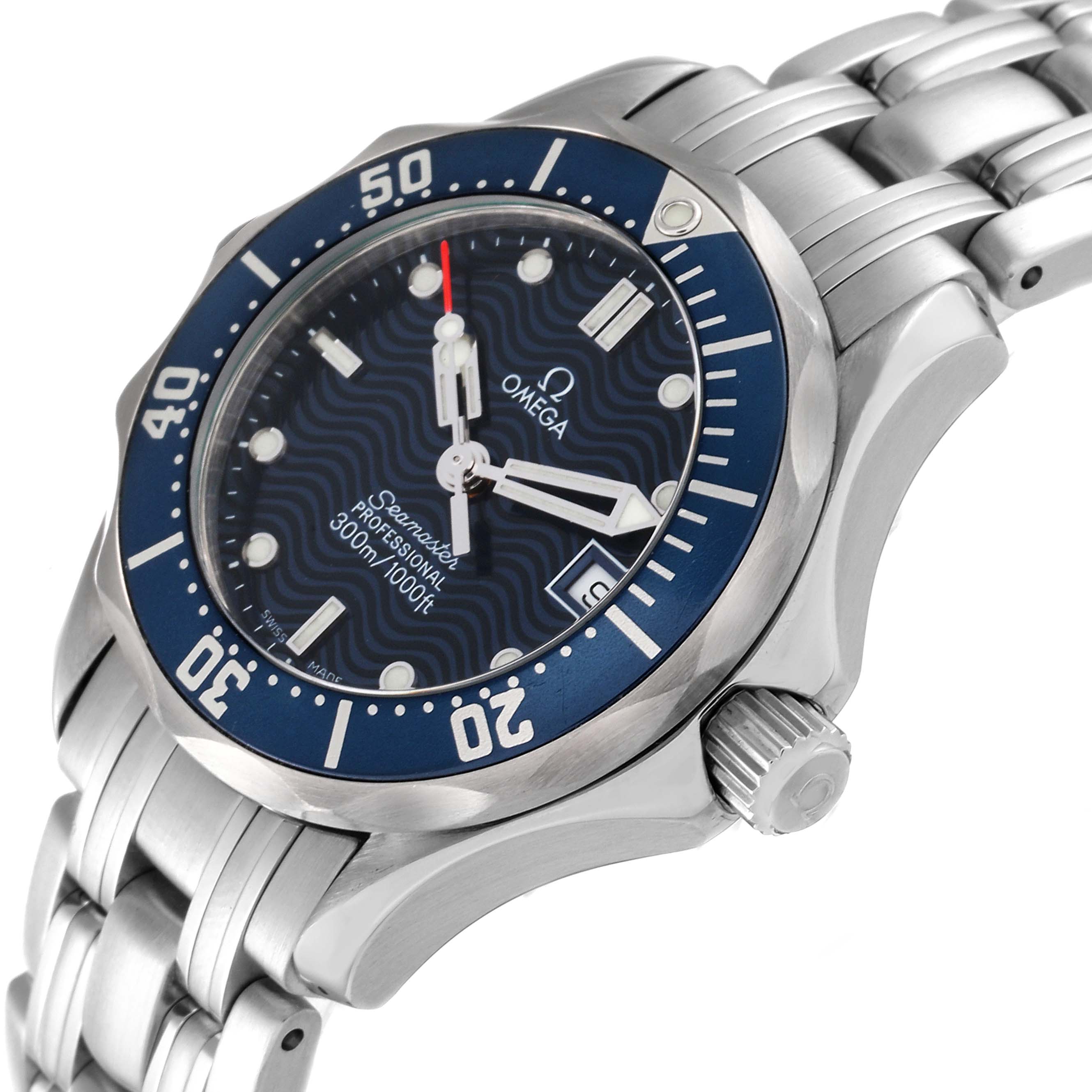 The image shows a close-up angle of an Omega 2583.80.00 Women's Stainless Steel Blue Dial 2583.80.00 Women's Stainless Steel Blue Dial Seamaster Diver 300M 28mm Steel Ladies Watch 2583.80.00, highlighting the dial, bezel, and part of the bracelet.